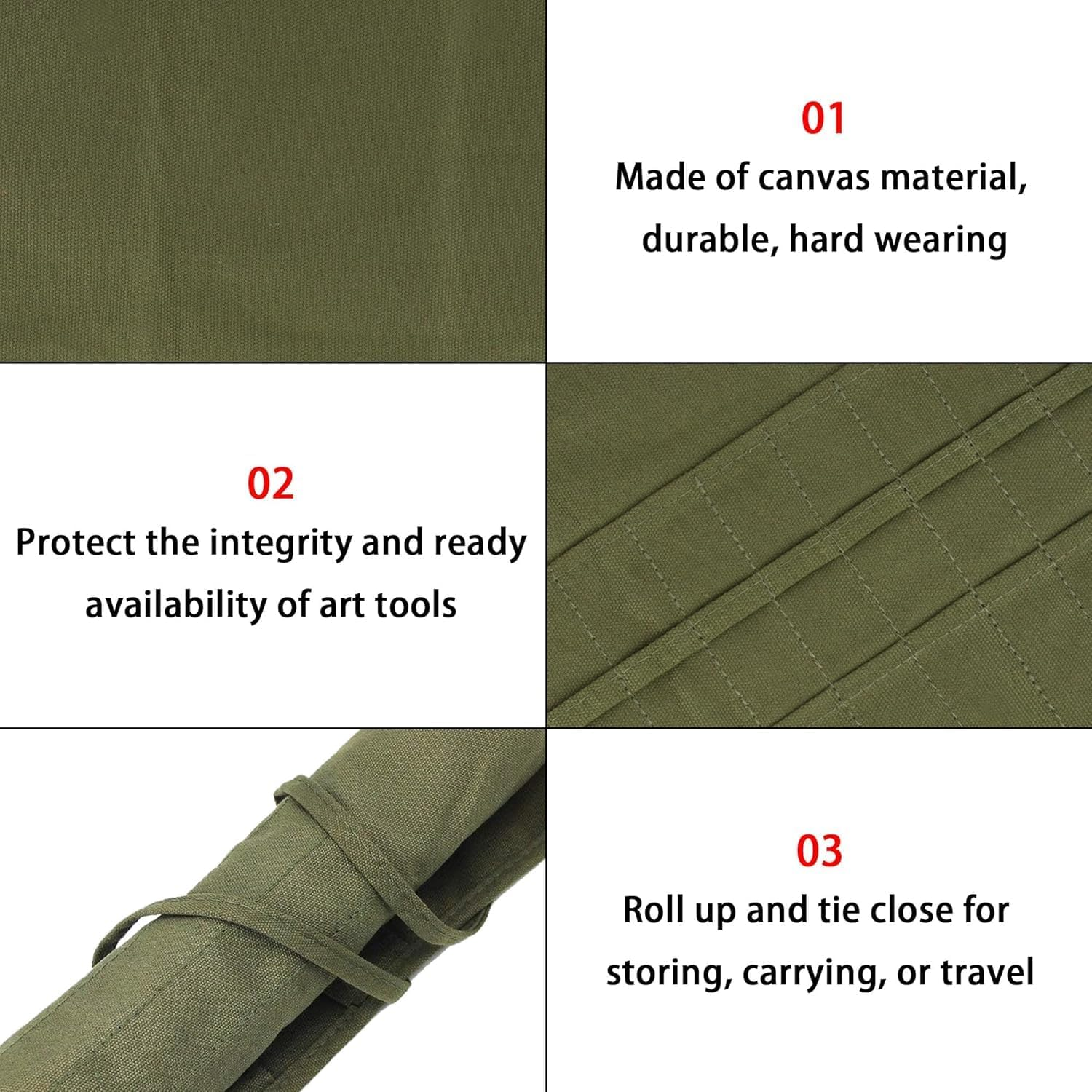 ZUJIACUN 22 Slot Canvas Paint Brush Roll - Army Green, Durable & Portable Brush Holder for Artists, Students - Holds 22+ Brushes, Compact Roll-Up Design, Perfect for Travel & Studio Use