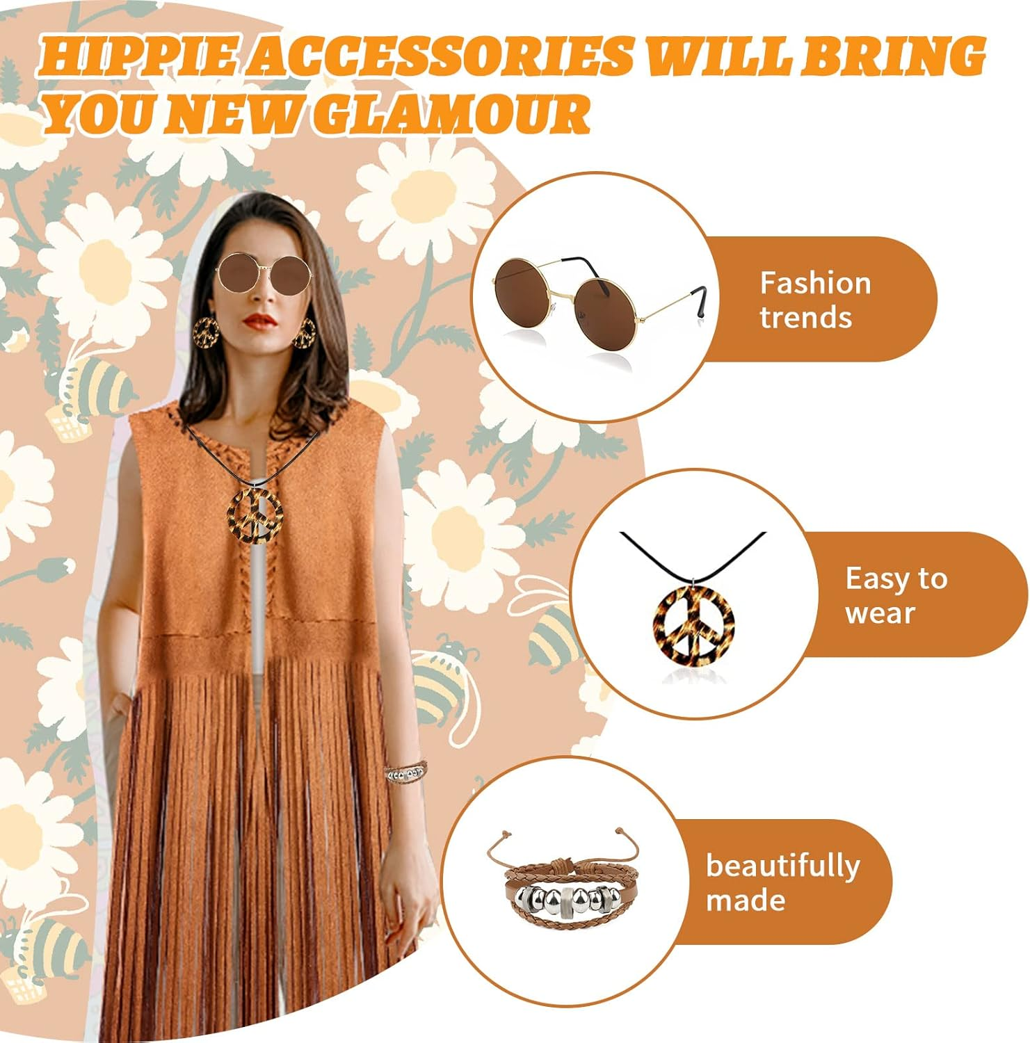 6Pcs Hippie Costume Clothes Accessories for Women, 60S 70S Fancy Dress Hippy Set Disco Outfits for Halloween Carnival image number 1