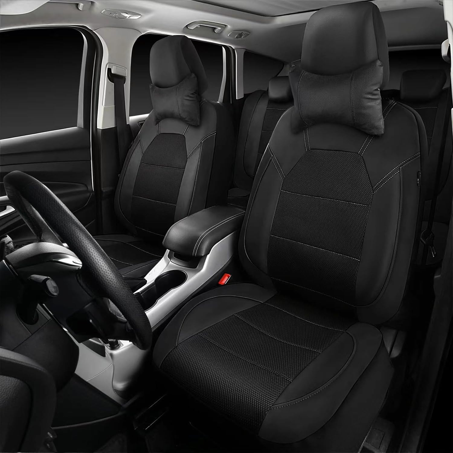 Leather Seat Cover, Sports Car Seat Cover with over 5Mm Composite Sponge Inside, Airbag Compatible with Most Suvs, Trucks, and Vans (Complete Set+2 Headrests (Black)