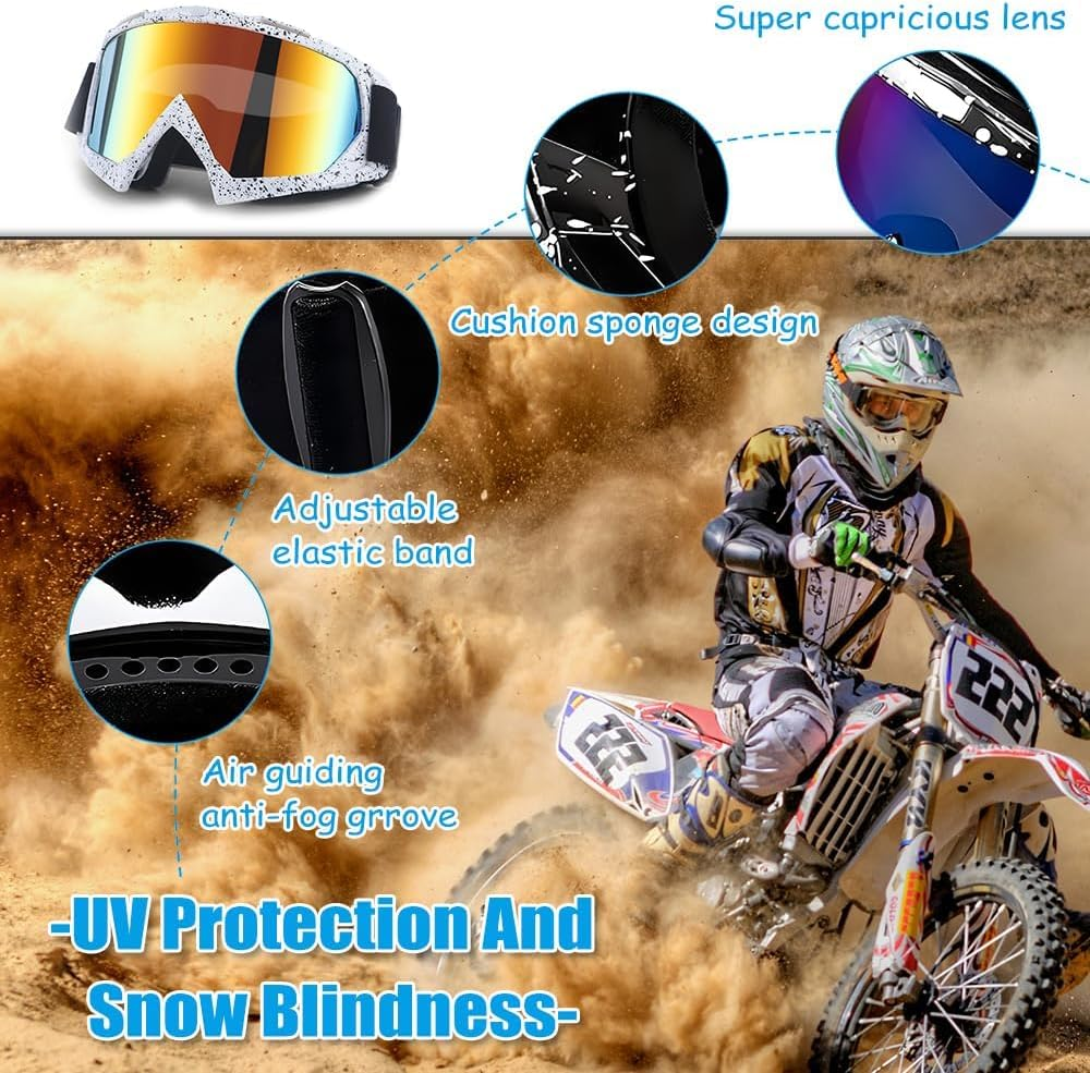 Motorcycle Goggles for Men Women, Ski Goggles, Windproof Dustproof Motocross Goggles, Windproof anti Fog UV Dirt Bike Goggles for Outdoor Sports Cycling Skiing