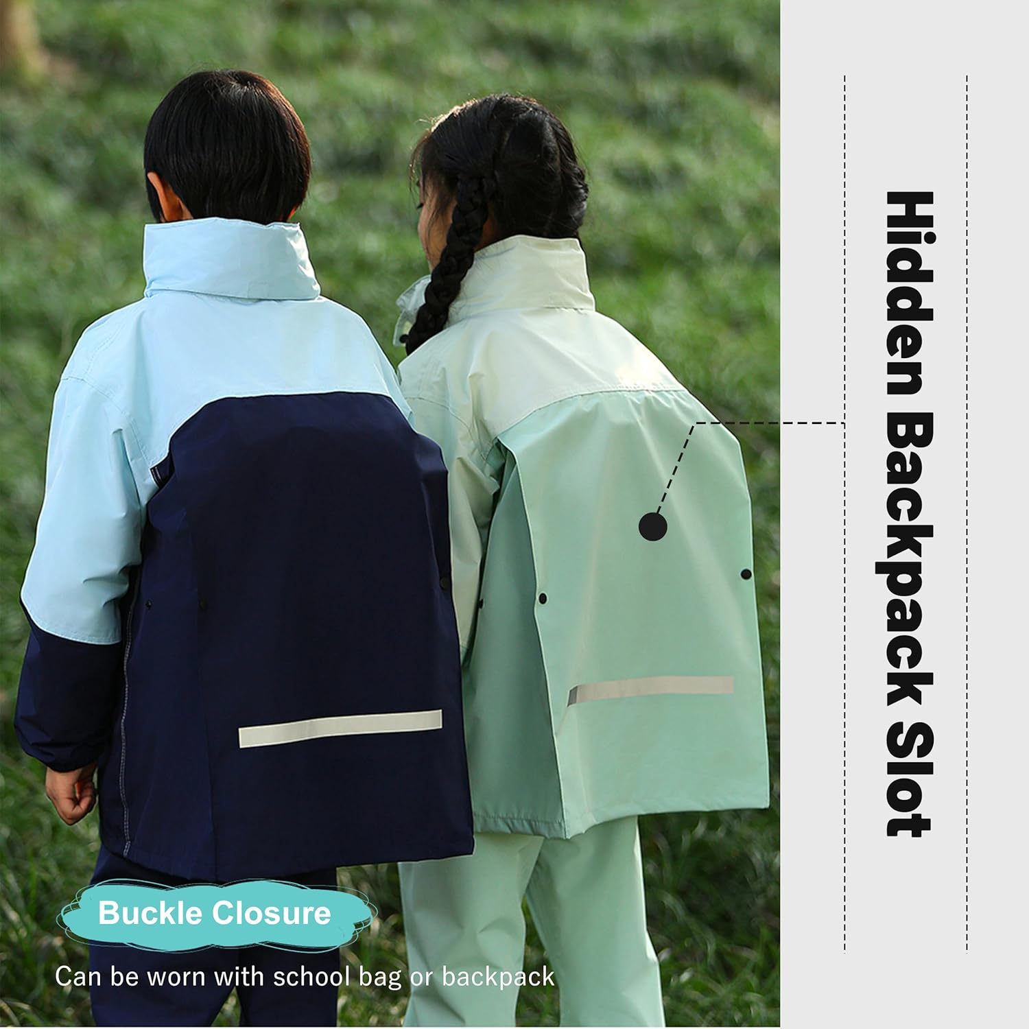 Volunboy Kids Waterproof Suit, Hooded Raincoat Jacket and Trousers Set Puddle Suit with Zip for Boys Girls 8-14 Years image number 2