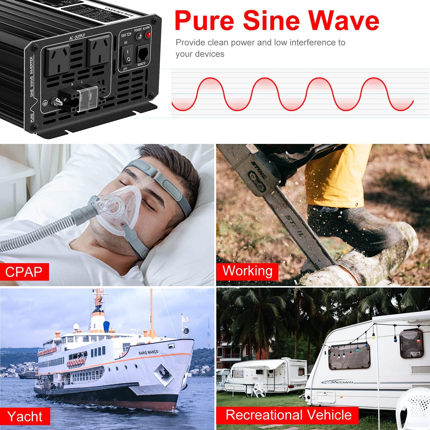 2000W Inverter DC 12V to AC 240V Pure Sine Wave Solar Power Inverter for Camping Battery (DC12V (Range 10V-15V) 2000W) (DC 12V 2000W) image number 1