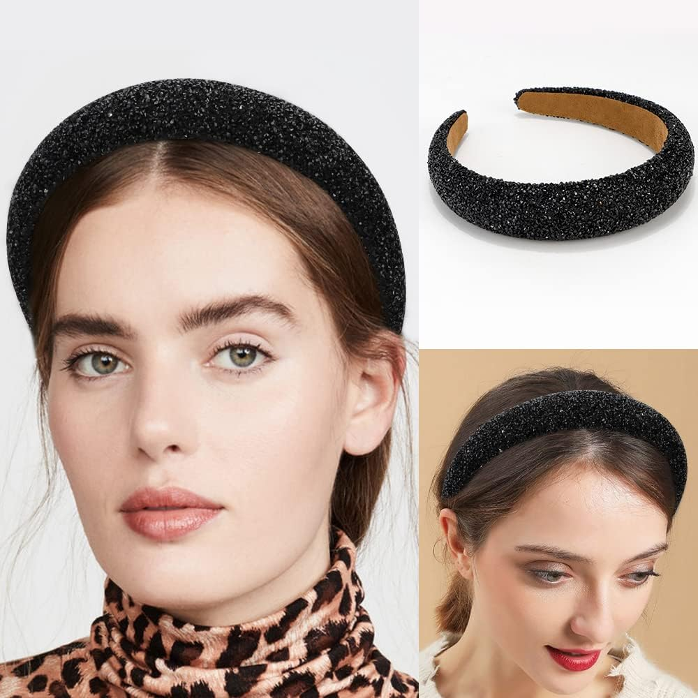 Black Rhinestone Padded Sequin Diamond Glitter Sparkle Jeweled Bling Headbands for Women'S Hair