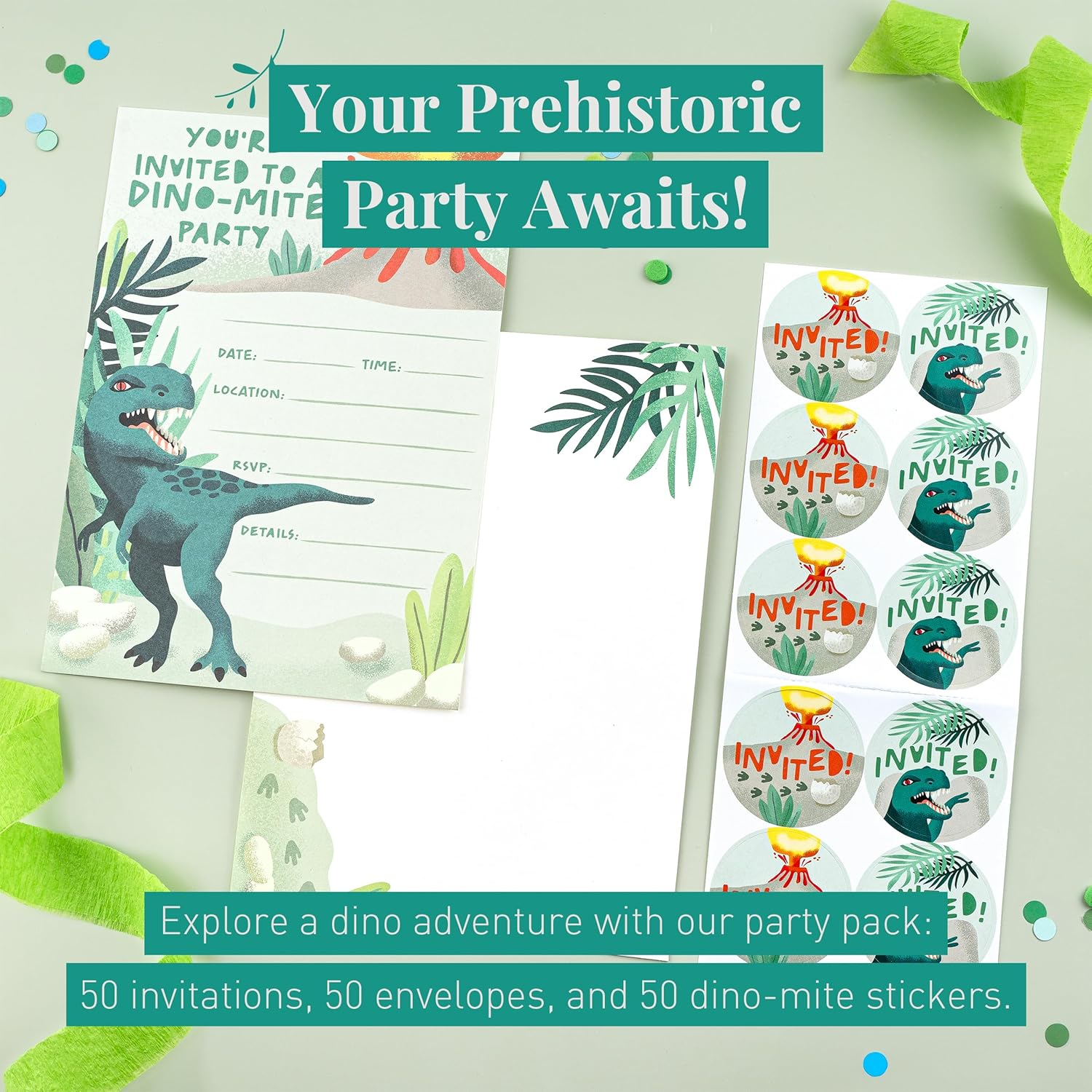 Rileys & Co. 50-Pack Dinosaur Party Invitations for Kids &ndash; 5 X 7 Inches &ndash; Premium Quality Cards with Matching Envelopes & Stickers &ndash; the Ultimate Prehistoric Invite for Roaring Celebrations image number 4
