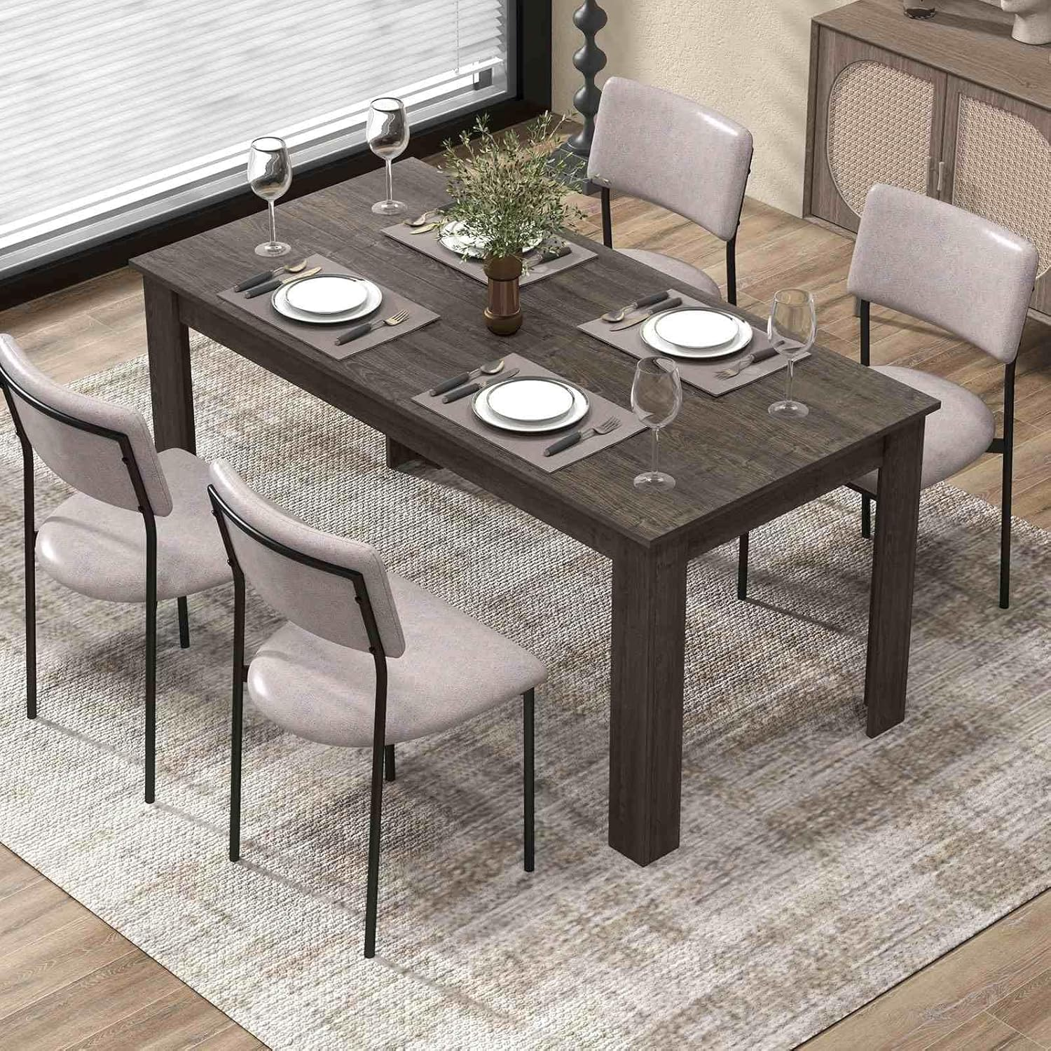 Costway Dining Table for 4-6 People, 160 Cm Kitchen Table W/L-Shaped Legs, 150 Kg Weight Capacity, Large Wooden Rectangular Dinner Table for Dining Room, Home Office, Living Room Furniture (Grey) - Dark image number 3