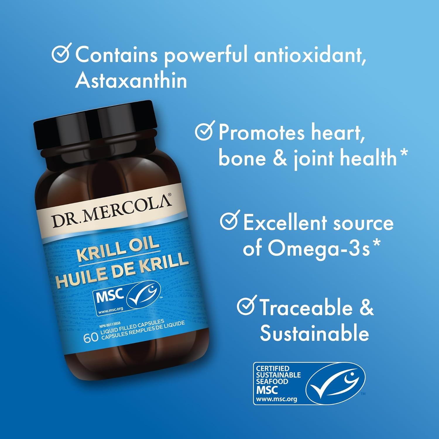 Dr. Mercola Antarctic Krill Oil Supplement, 30 Servings (60 Capsules), MSC Certified, Non GMO, Soy-Free, Gluten Free image number 1