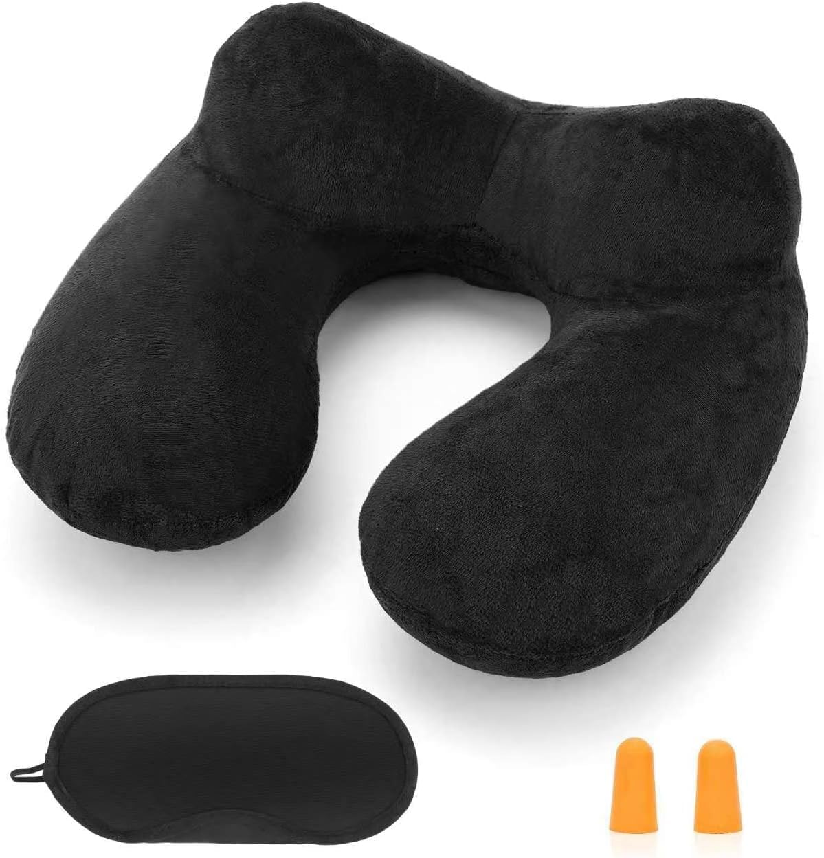 Travel Pillow, Inflatable Travel Pillow, Comfortable & Breathable Cover, Machine Washable, Airplane Travel Kit with 3D Contoured Eye Masks, Earplugs, and Luxury Bag (Black)