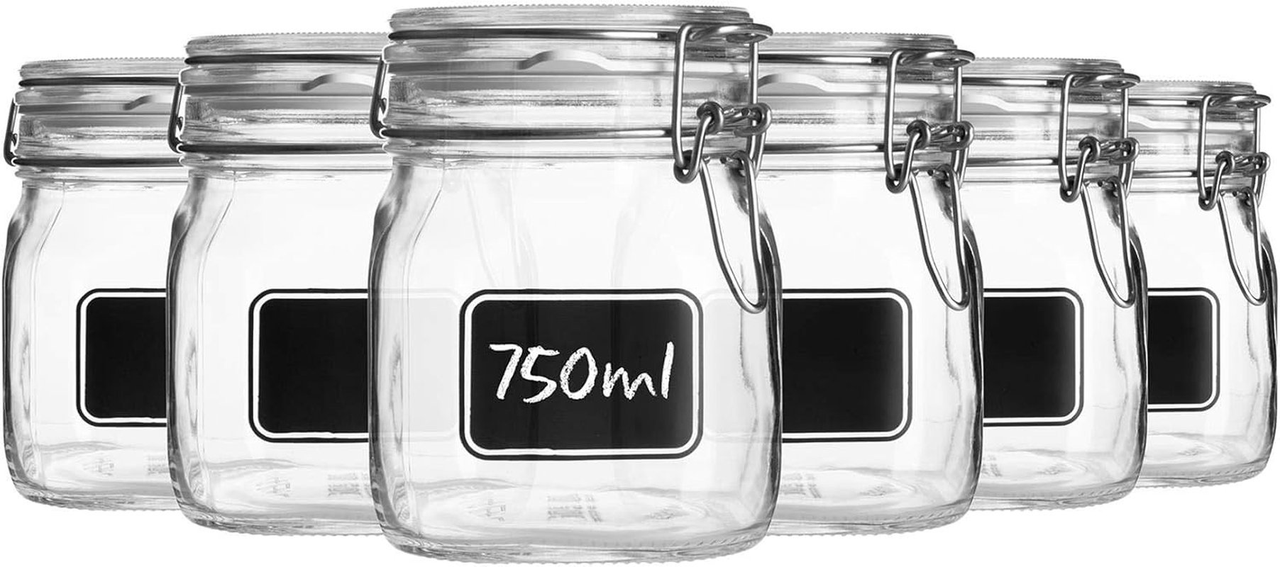 Bormioli Rocco 6Pc Lavagna Glass Storage Jar Set with Chalkboard Labels - Food Pasta Jam Preserving Jars - 750Ml