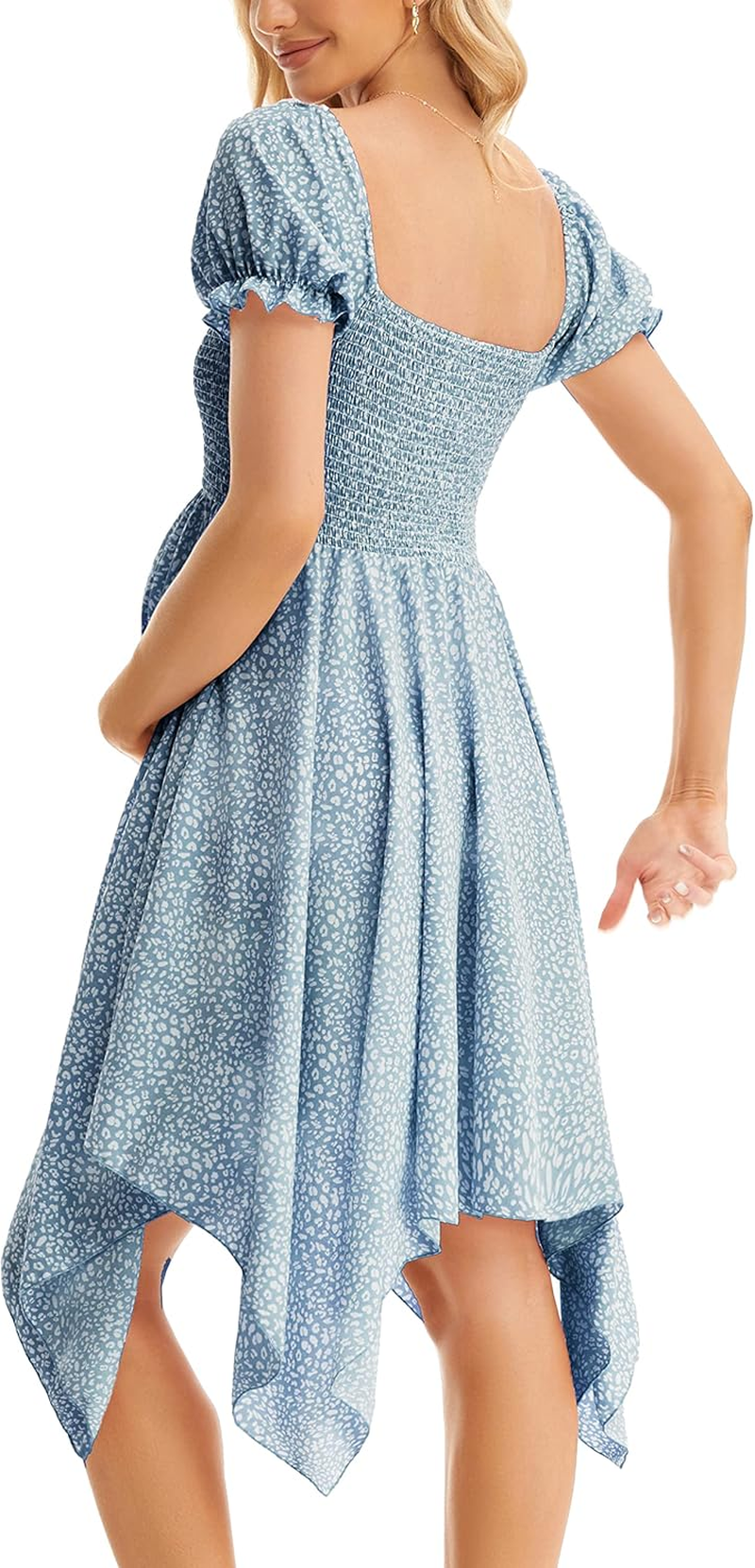 Maternity Summer Short Puff Sleeve Floral Maternity Dress, Square Neck Flowy Irregular Hem Baby Shower Dress image number 6