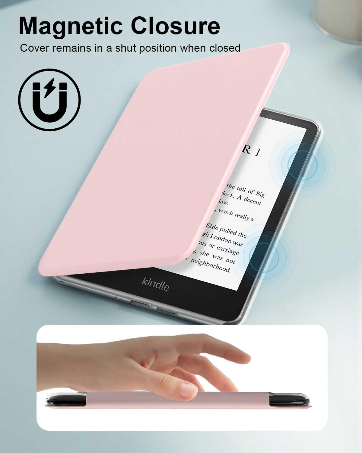 T Tersely Crystal Clear Back Slimshell Leather Case for Kindle 11Th Generation 2024/2022, 6 Inch, Transparent Shockproof Magnetic Shell Cover - Rose Pink - Black image number 6