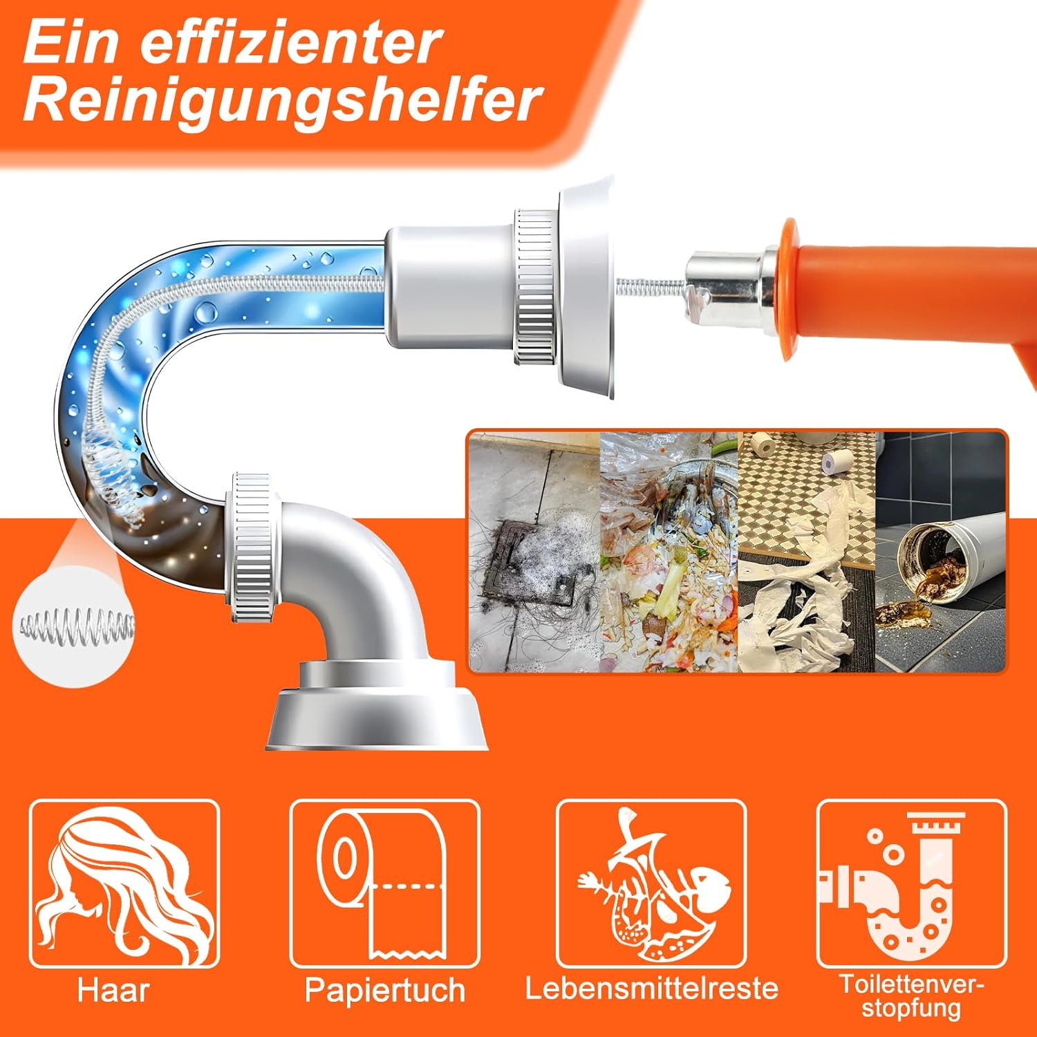 Pipe Cleaning Spiral 13 M, Drain Cleaner Spiral for Pipe Cleaning, Reusable Drain Spiral Pipe Spiral with Waterproof Gloves, Can Be Connected to an Electric Drill image number 5