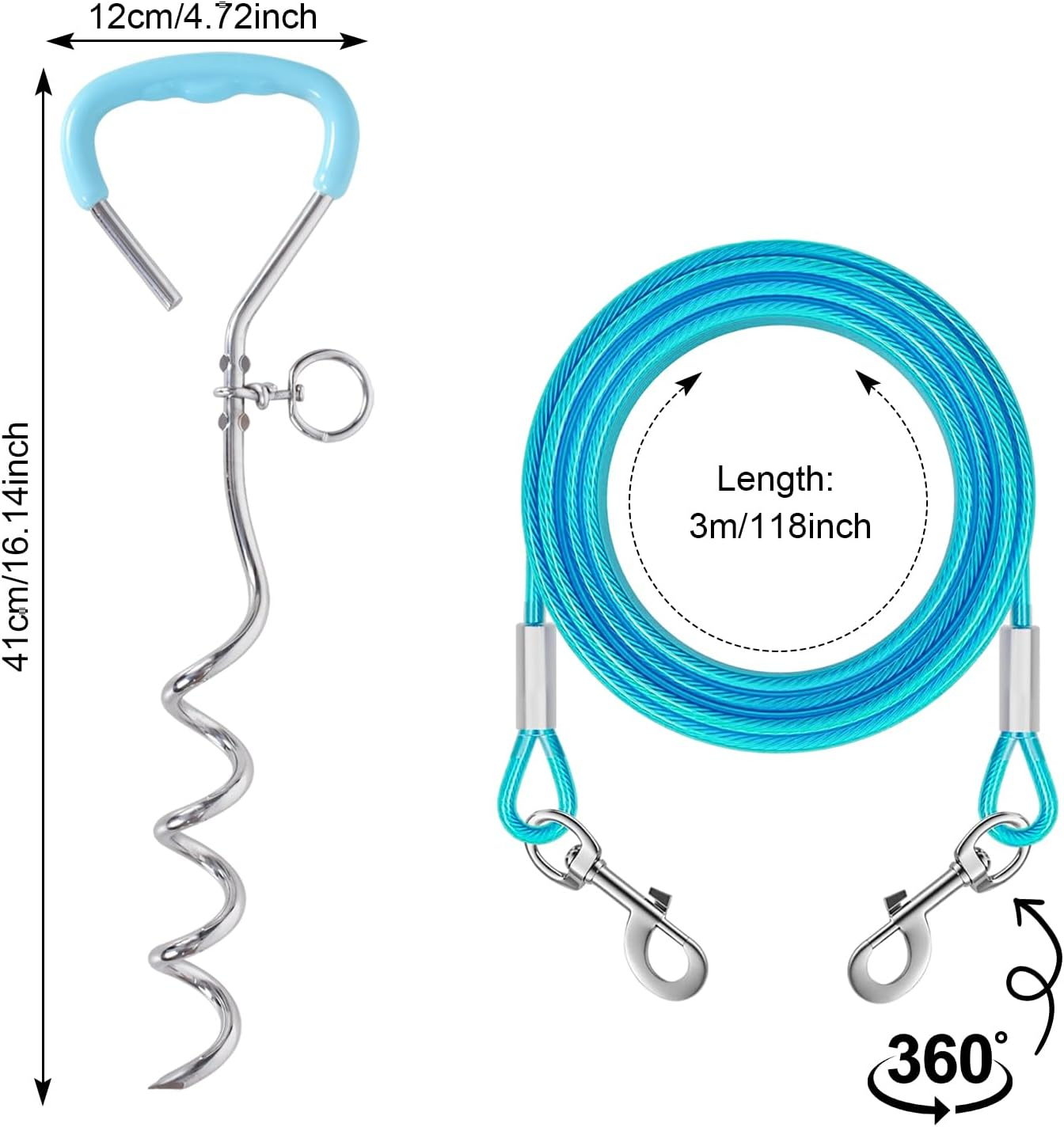 10Ft Dog Tie Out Cable with 15" Spiral Ground Stake Spike for Small to Medium Dogs up to 60 Lbs, Pet Tie Out Cable for Playing, Camping，Outdoor, Yard and Backyard in Ground (3 Meter, Lake Blue) image number 6