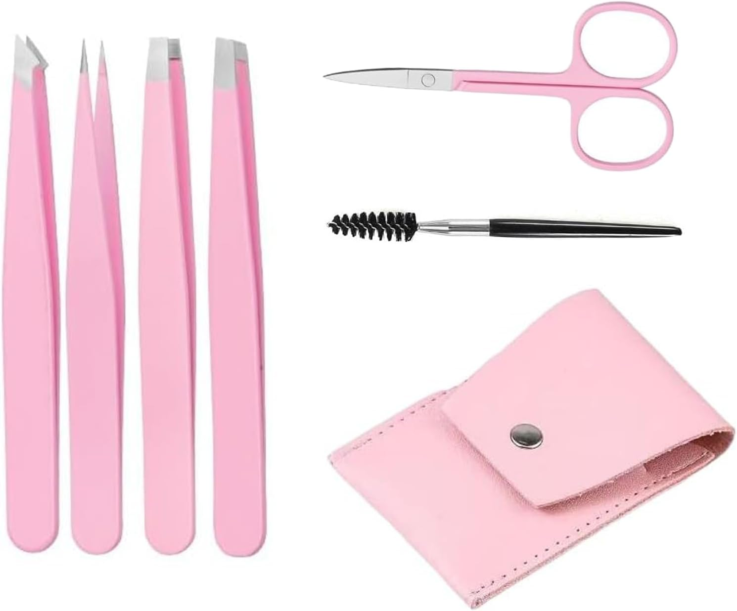 Fokmuaex 6Pcs Eyebrow Tweezers Set - Stainless Steel Slant & Pointed Tips with Small Scissors & Brush, Precision Hair Removal Tools image number 2