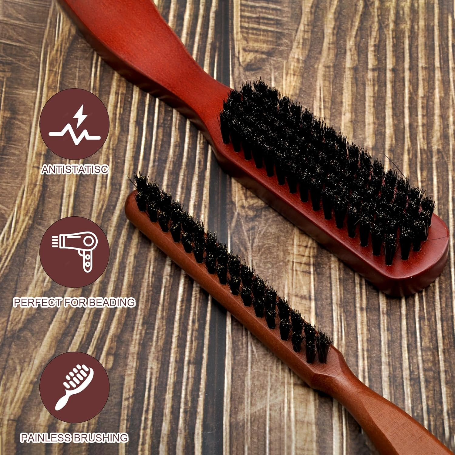 HENGBIRD Boar Bristle Hair Brush, 2 Hair Brush, Beard Brush, Wet Brush, Sleek Bun Brush, Wild Boar Bristles, Teasing Hair Brush, Tail Comb, Professional Salon Comb, Reduces Hair Breakage image number 3