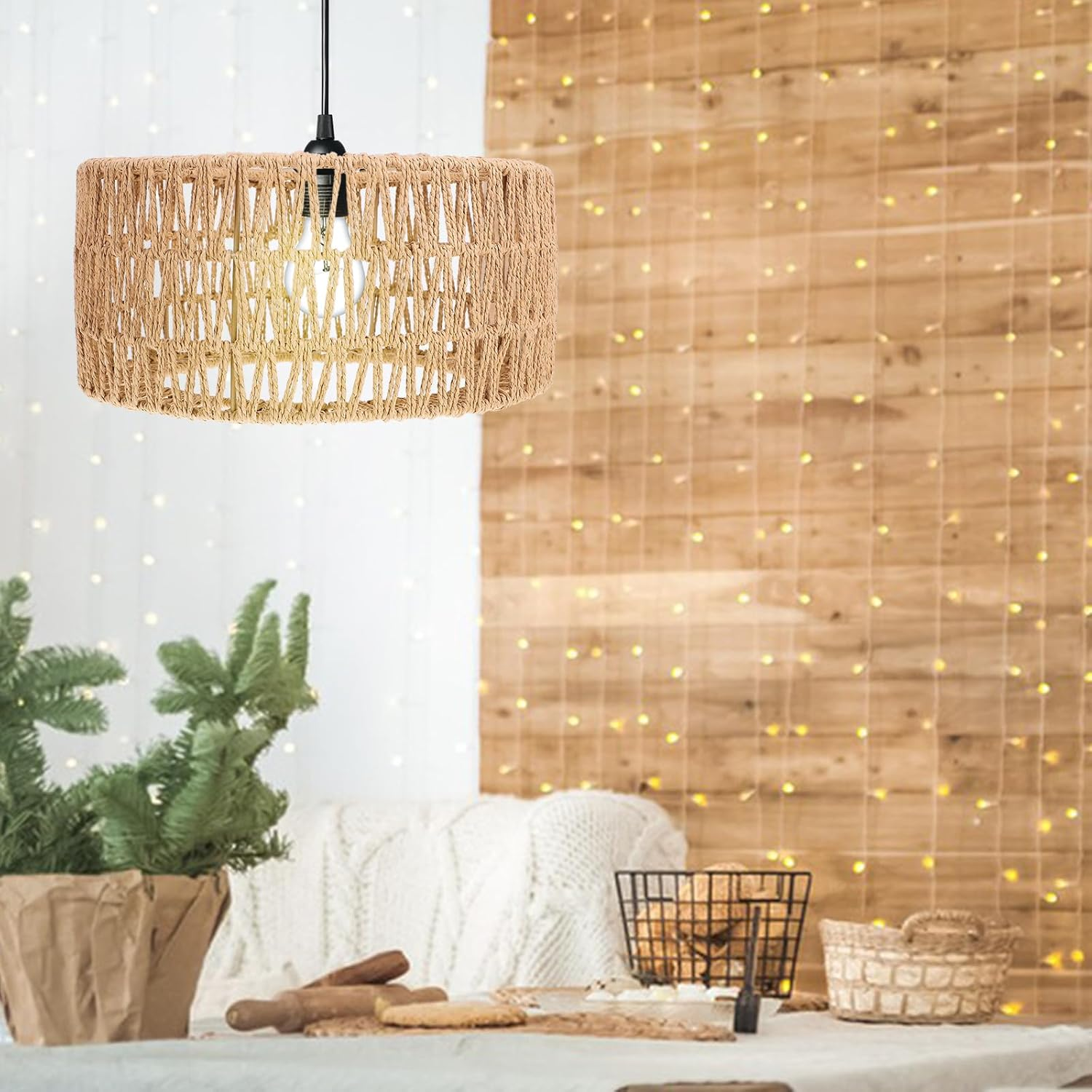 Ciieeo Rattan Lamp Shade Boho Rattan Lampshade Cylinder Woven Lampshade Replacement Pendant Sconce Shade Ceiling Fan Light Cover Yellow 30.00X30.00X15.00CM image number 5