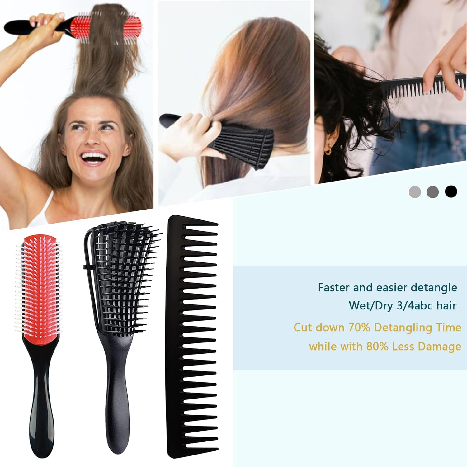 WOZUTUNT Curly Hair Brush Set for Women/Men/Kids, Detangler Brush, Wide Tooth Comb, 9 Row Nylon Bristle, Rosemary Hair Growth Oil - 4 Count (Db-Black-4Pcs) image number 1