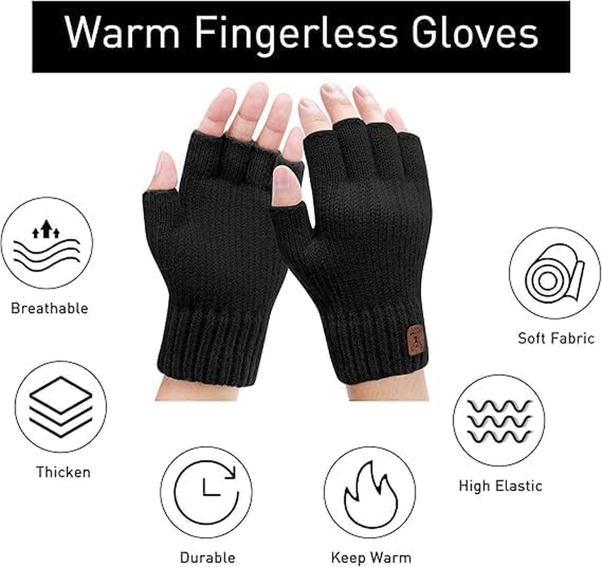 Fingerless Gloves 1 Pair Thermal Winter Gloves Warm Knitted Half Finger Gloves Mittens for Men Women Typing Driving Working (Black) image number 1