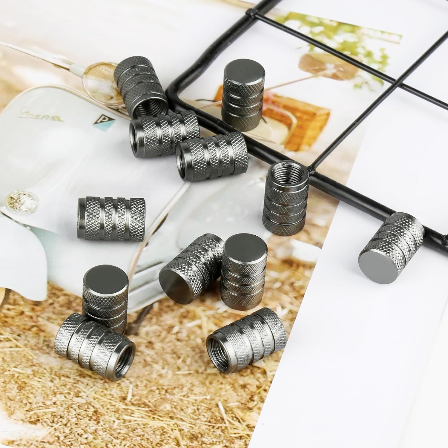 Pack of 12 Car Valve Caps, Aluminium Car Valve Cap, Universal Valve Caps, Car Tyre Accessories, Car Tyre Valve Caps for Cars, Trucks, Suvs, Motorcycles, Bicycles, Etc. (Grey) image number 6