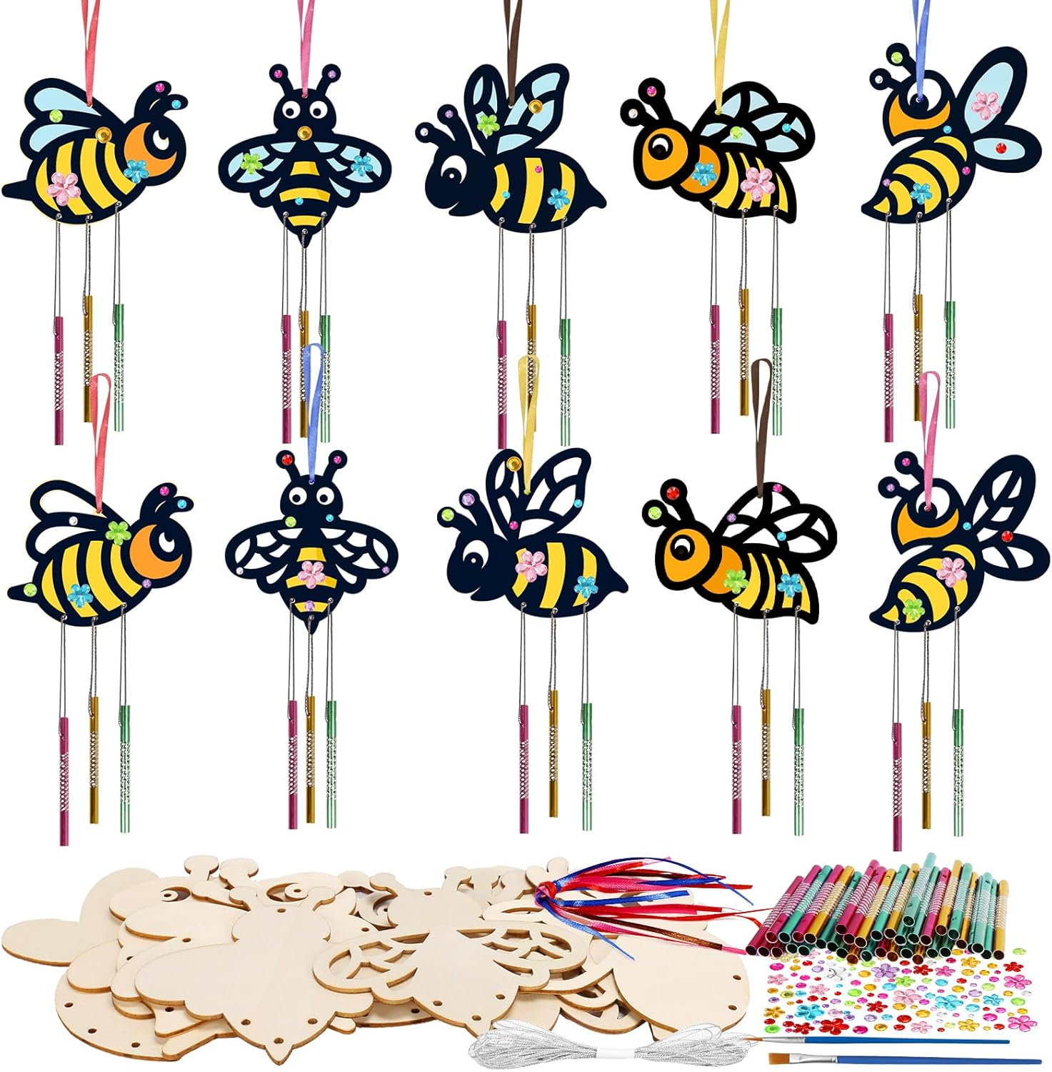 Fennoral 10 Pack Bee Wind Chime Kit for Kids Make You Own Honey Bee Wind Chimes Ornaments DIY Coloring Wooden Art and Craft for Spring Art Activities Birthday Party Decorations