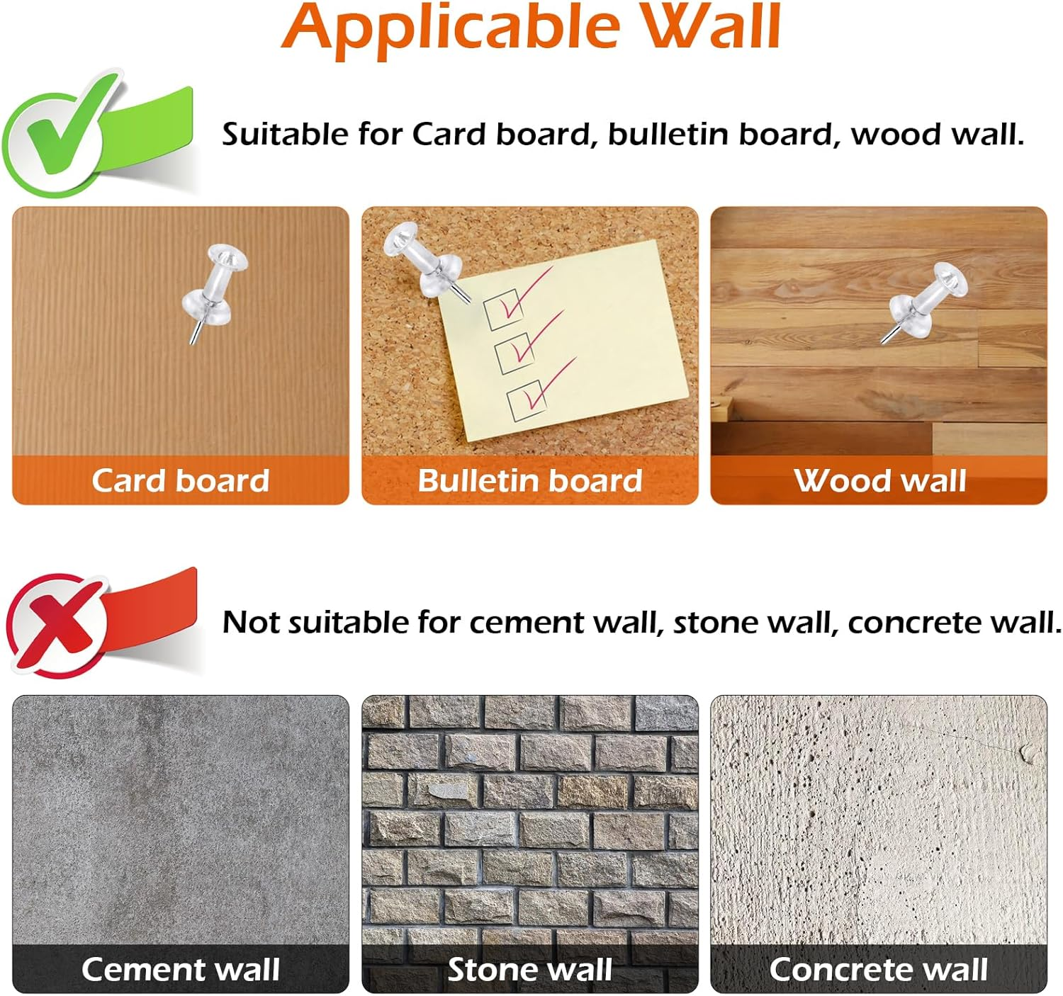 200 Pcs Push Pins Tacks, Thumb Tacks for Wall, Clear Plastic Head, Steel Point, Decorative Push Pins, Standard Thumb Tacks for Bulletin Board, Corkboard, Map, Calendar, Photo, Home, Office image number 5