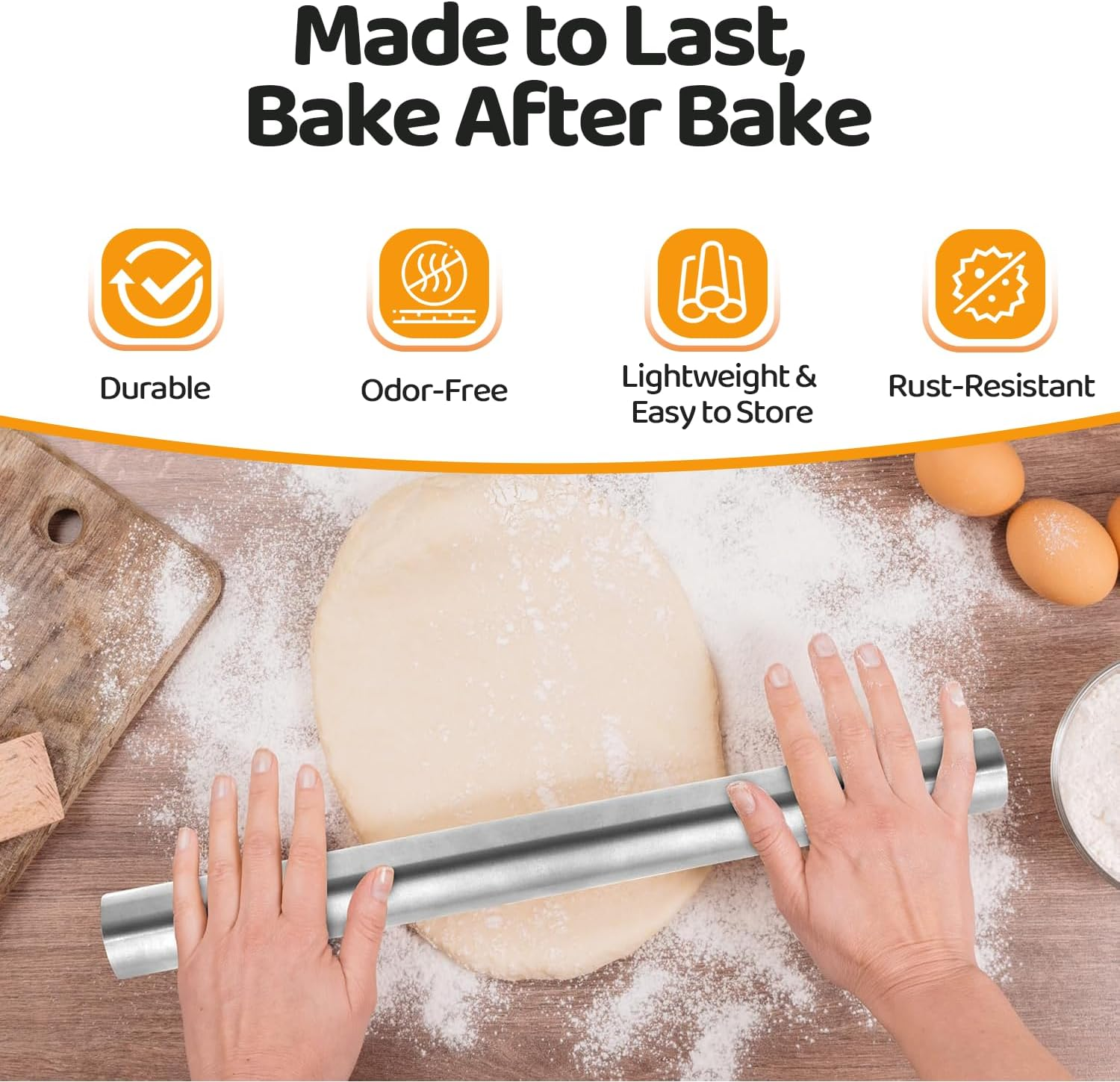 Stainless Steel Rolling Pin for Baking &ndash; Heavy-Duty Dough Rolling Pin for Pizza, Cookies & Pastry | Non-Stick, Easy to Clean, Kitchen Essential image number 4