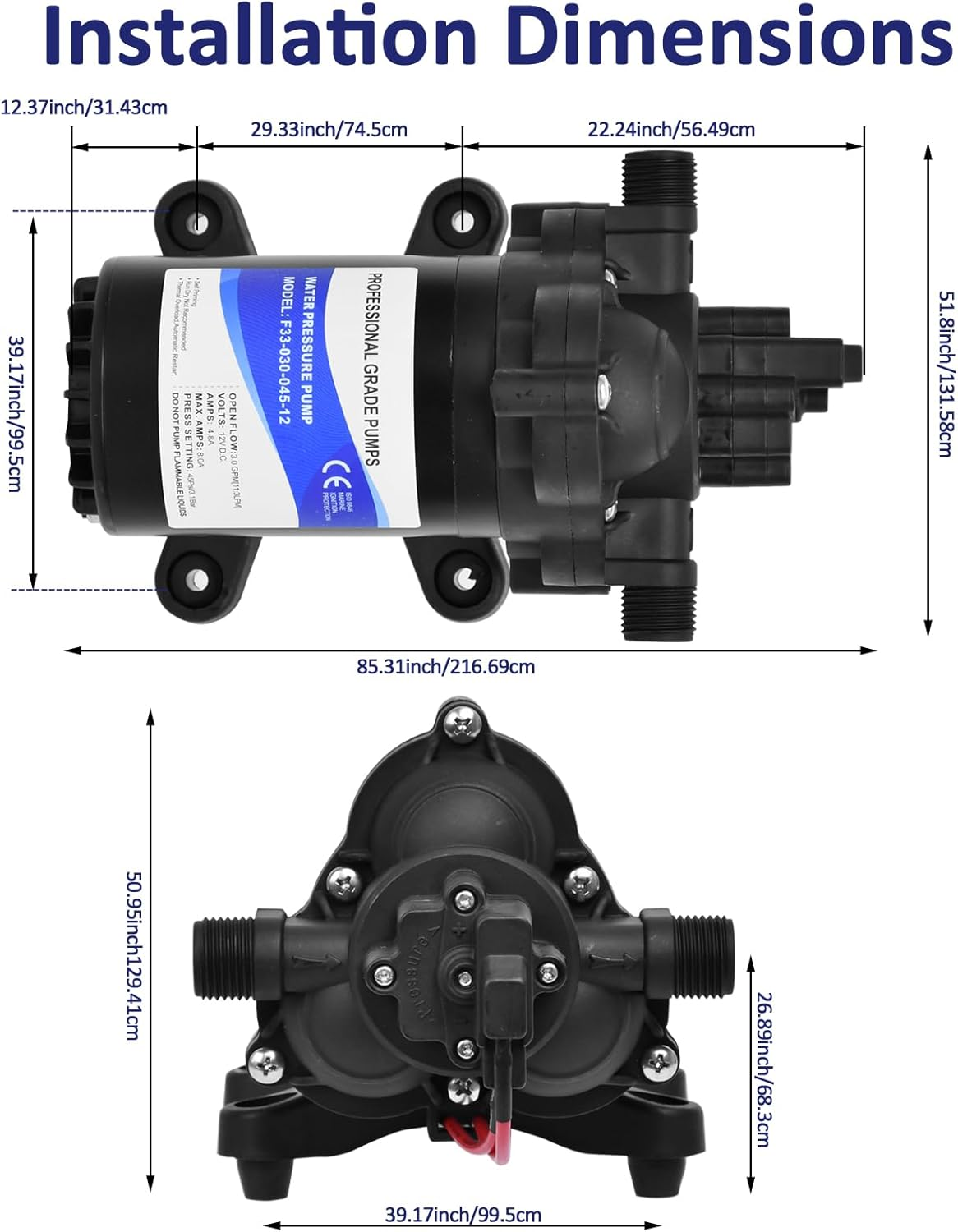RV Fresh Water Pump,3.0Gpm 45 PSI Self-Priming Water Pressure Pump,12V Diaphragm Pump with Adjustable Pressure Switch for Yacht,Camper,Marine,Sprinklers,Faucets image number 3