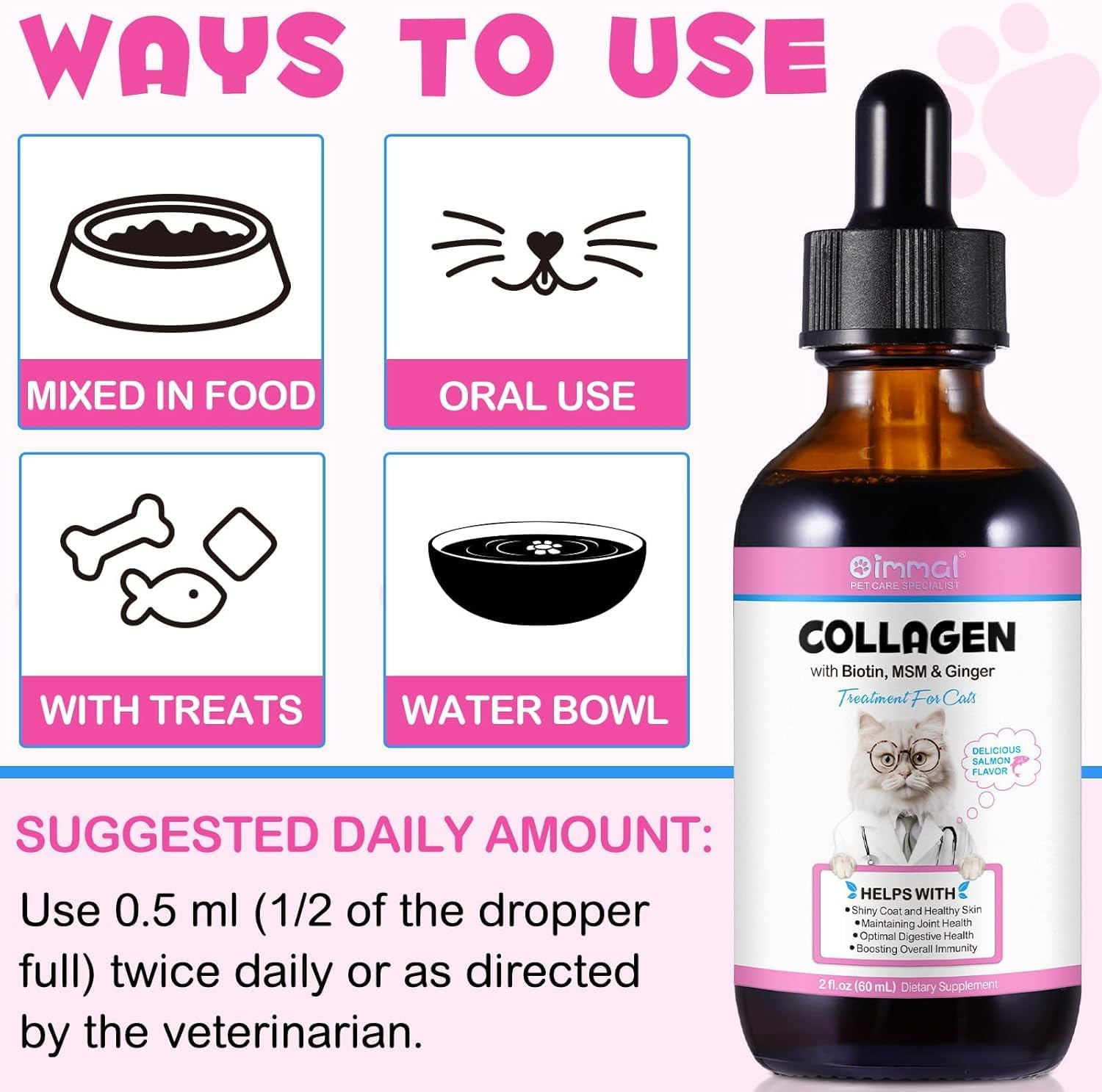 Collagen for Cats 60Ml | Liquid Cat Collagen Supplement with Biotin, MSM & Ginger | Supports Skin, Coat, Joint & Digestive Health | Salmon Flavour image number 6