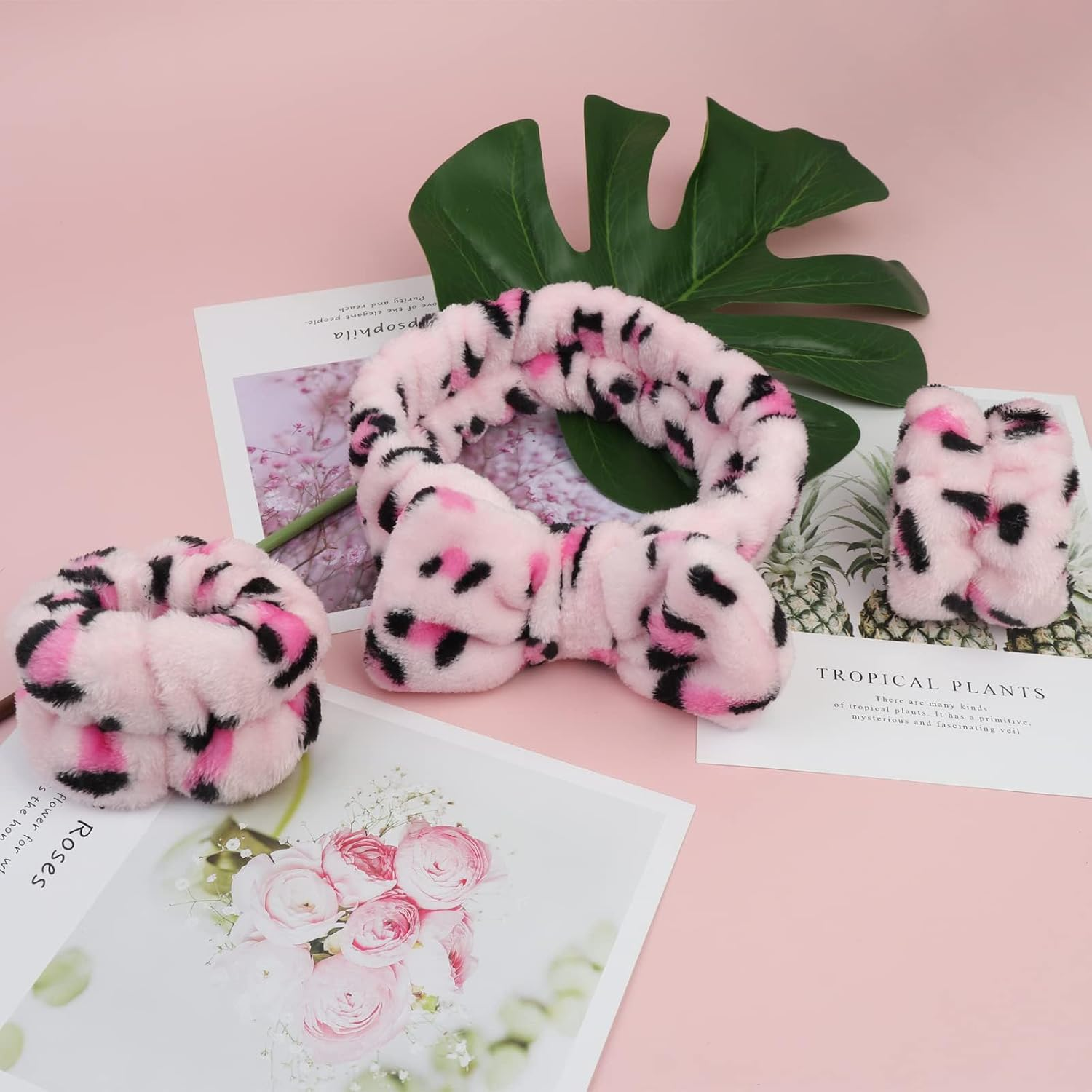 3 Pack Spa Headband Set - Pink Leopard Print Plush Headband & Wrist Cuffs for Women Girls,Soft Microfiber Face Wash, Skincare, Makeup & Bath Accessories Gift image number 2