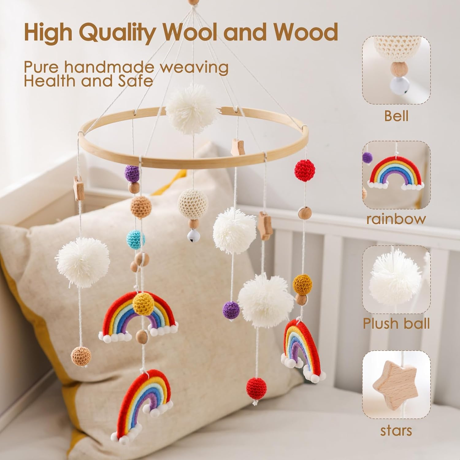 Rainbow Baby Mobile Baby Bed, Mobile Changing Table, Mobile Baby Wooden Wind Chime, Mobile Baby Wind Chimes with Felt Balls, Baby Wind Chime Nursery Decoration, Newborn Gift Baby Boys (Red) image number 6