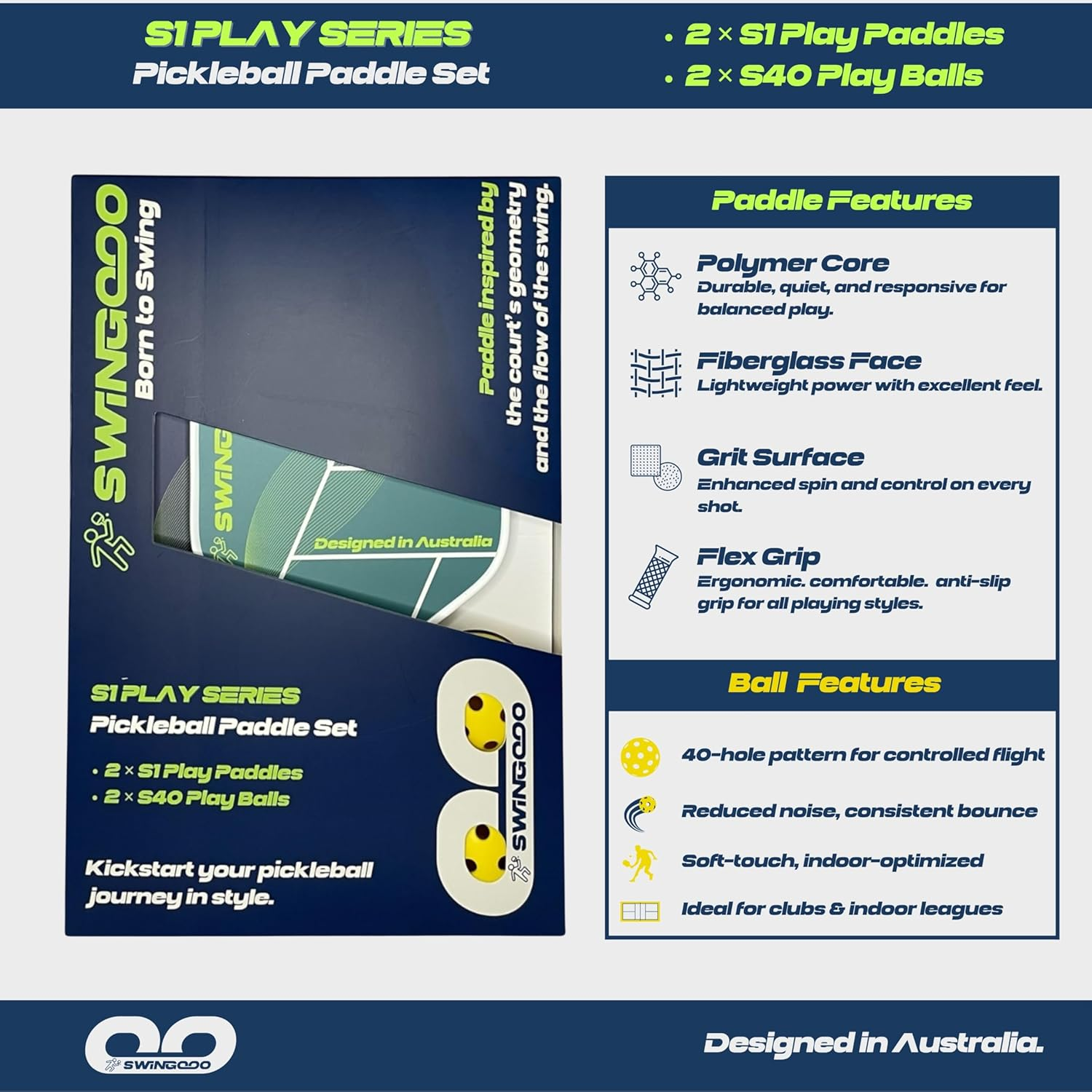 Swingooo Pickleball Paddle Set, 2 Composite Face Paddles with Polymer Core, 220G, Cushion Grip, Includes 2 S40 Play Balls, Beginner Level image number 2
