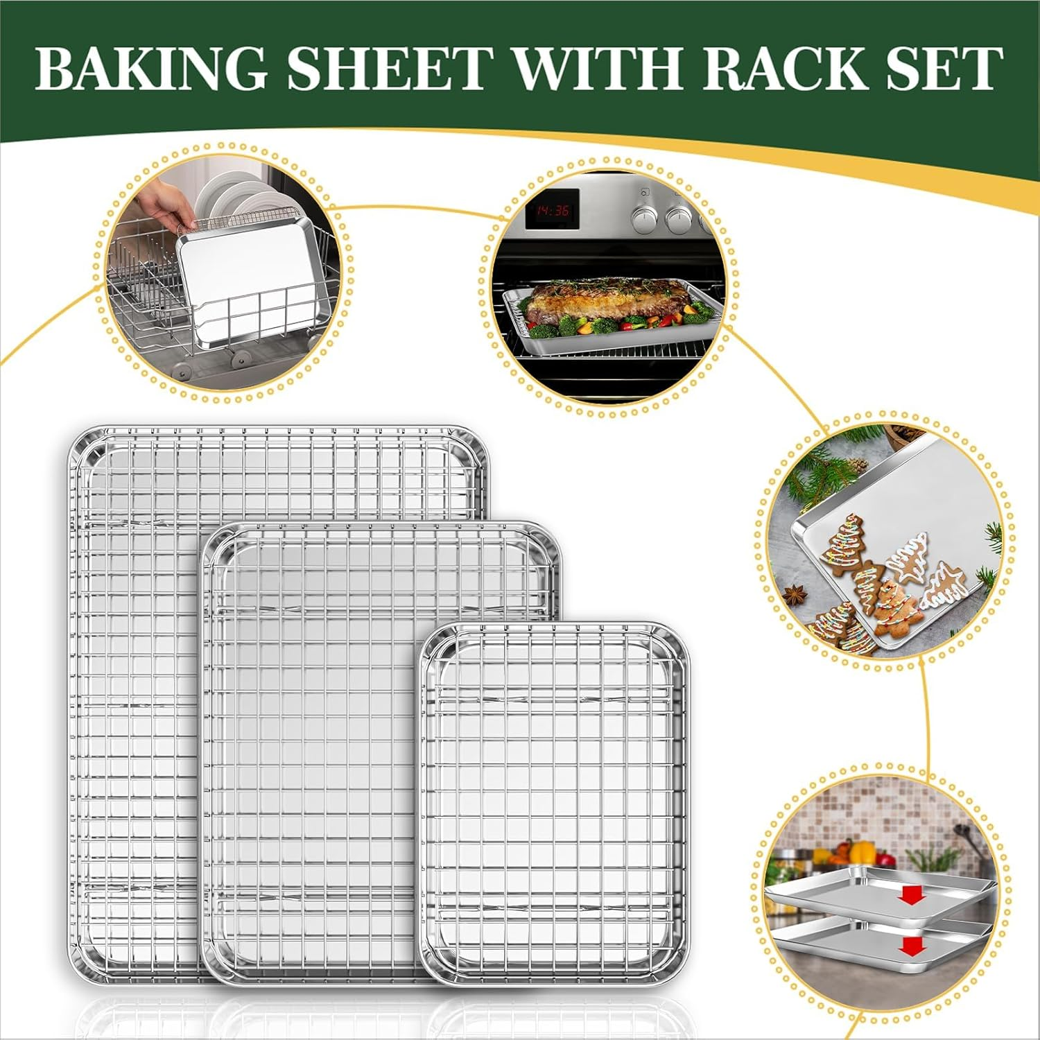 Baking Sheet with Wire Rack Set: 3PCS Stainless Steel Cookie Pans 9 12 16 Inch with 3PCS Cooling Racks - Nonstick Cooking Tray for Oven Heavy Duty and Dishwasher Safe image number 6