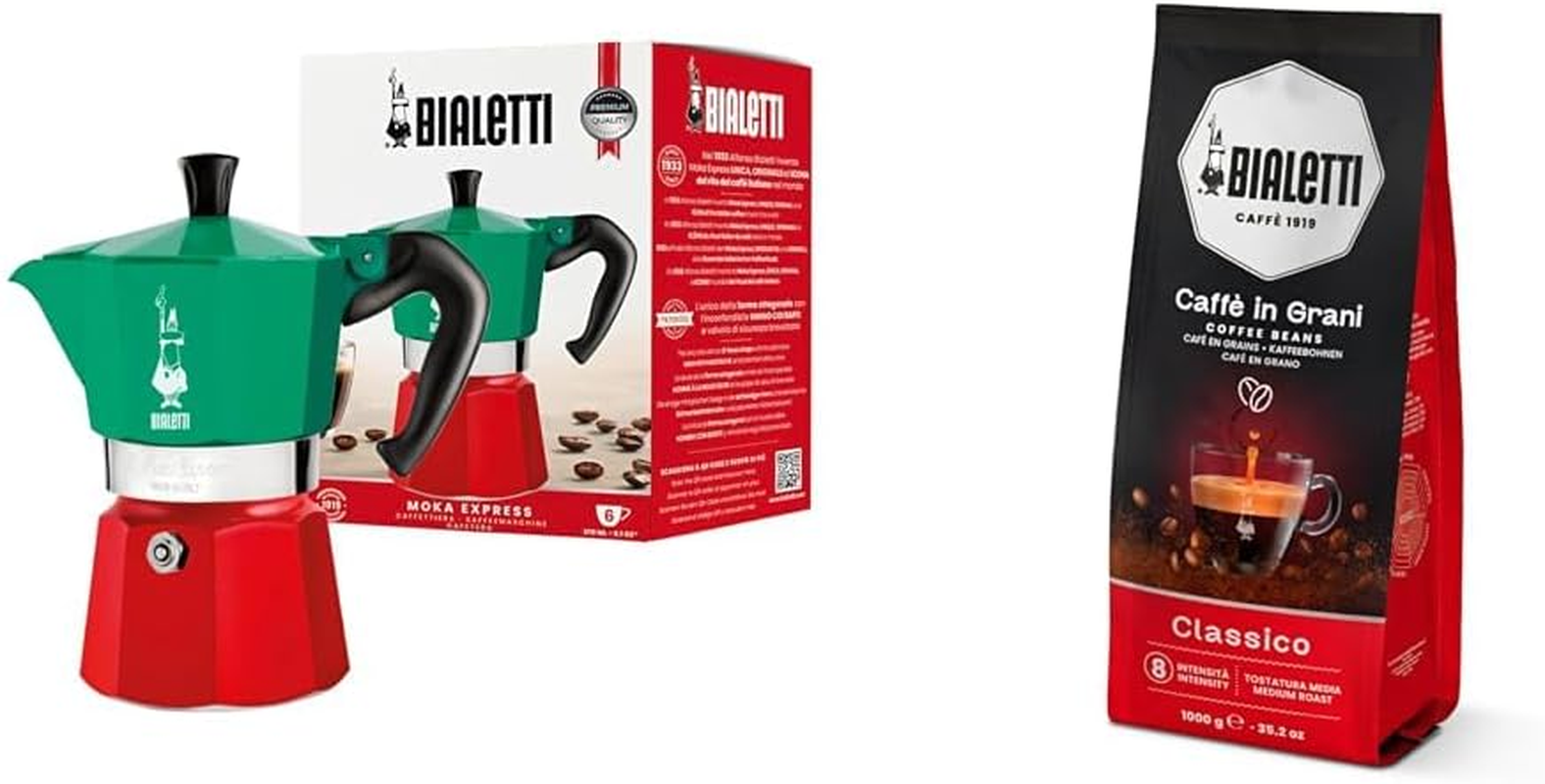 Bialetti - Moka Express Italia Collection: Iconic Stovetop Espresso Maker, Makes Real Italian Coffee, Moka Pot 6 Cups (9 Oz - 270 Ml), Aluminium, Colored in Red Green Silver