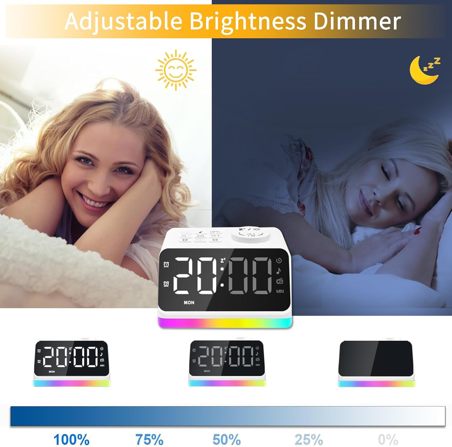 Digital Alarm Clock for Bedroom, 8 Colors Night Light with 2 Charging Port, Sleep Sound Machines with Timer, Dual Alarm, 12/24H, Loud Alarm，Fm Radio and Easy to Use for Seniors and Kids as Gift image number 4
