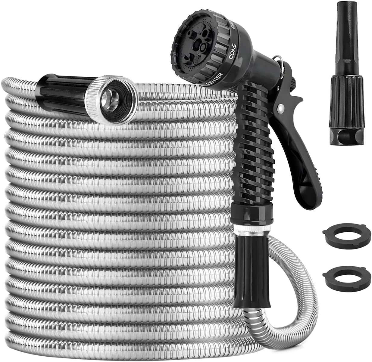 100FT（30M） Stainless Steel Garden Hose - Heavy Duty No-Kink Metal Water Hose with 7-Function Nozzle, Lightweight & Flexible for Yard/Lawn/Rv, Corrosion-Resistant Outdoor Hose image number 1