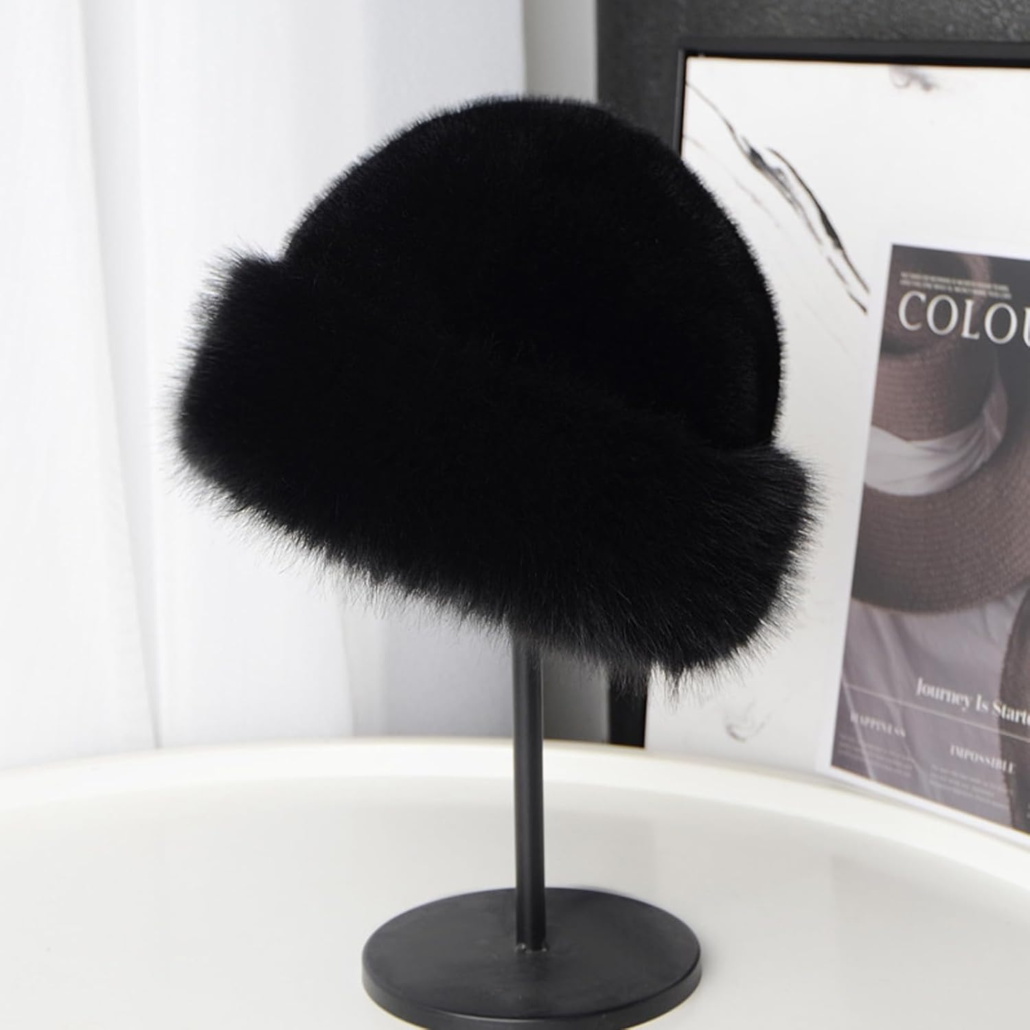 Lopsity Women'S Faux Fur Winter Bucket Hat Fluffy Warm Hat for Men Fuzzy Bucket Hat Winter Wrap Hat - Black image number 4