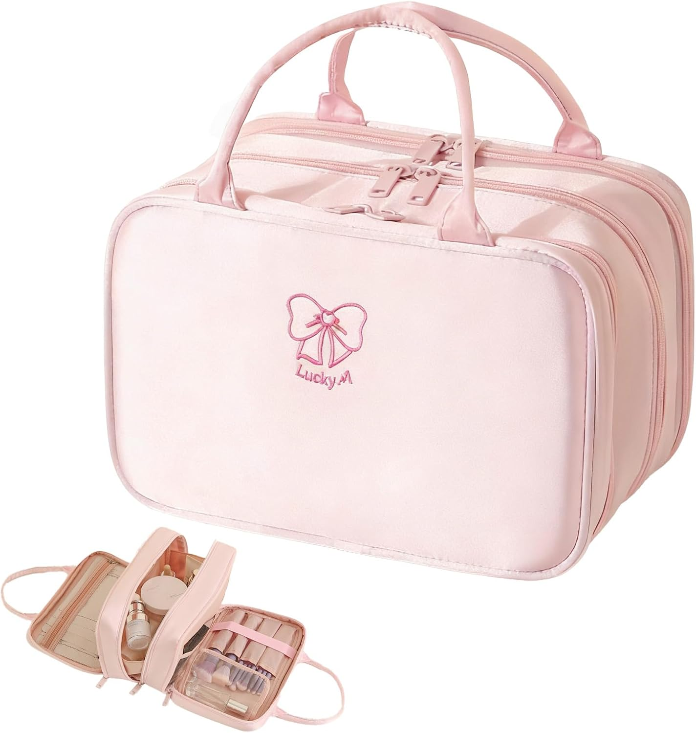 Makeup Bag for Women, Cute Travel Cosmetic Bag, Small Toiletry Pouch with Multiple Internal Pockets, College, Office（Pink） image number 6