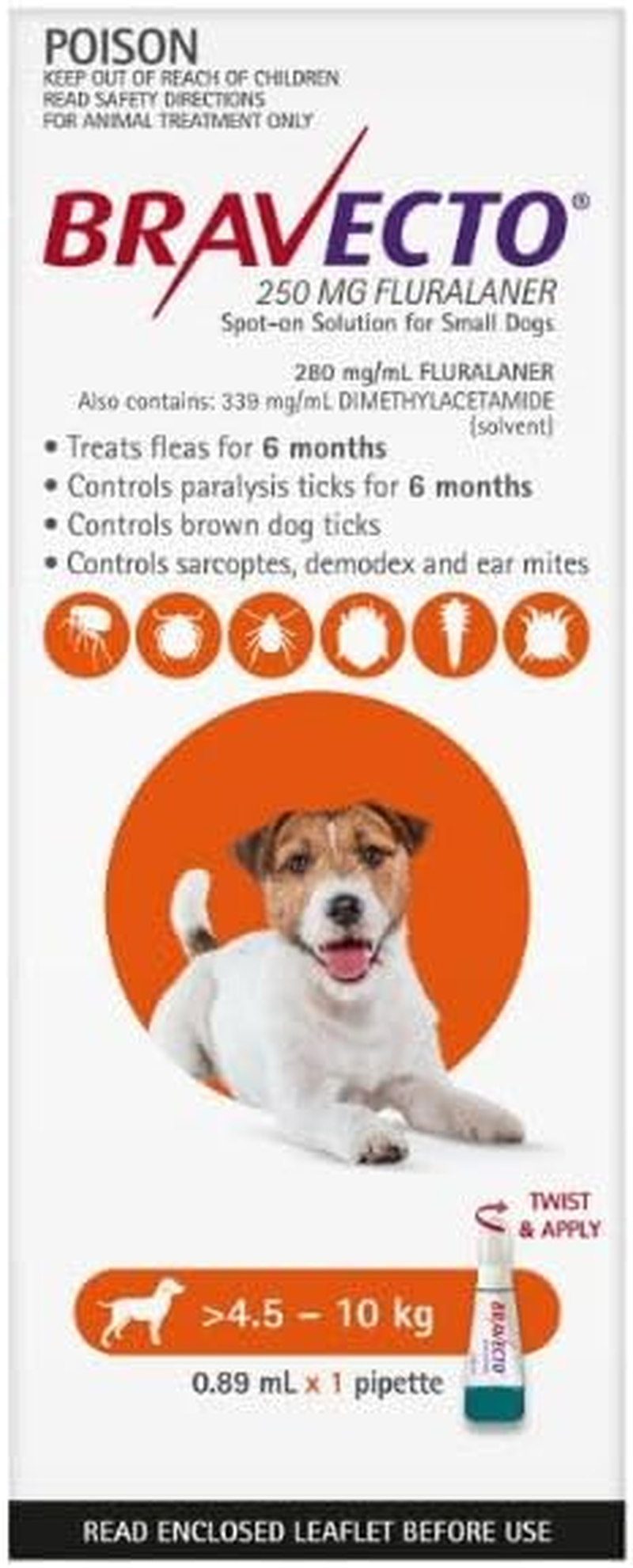 Bravecto Spot on for Small Dogs 4.5-10Kg Orange 2 Pipettes