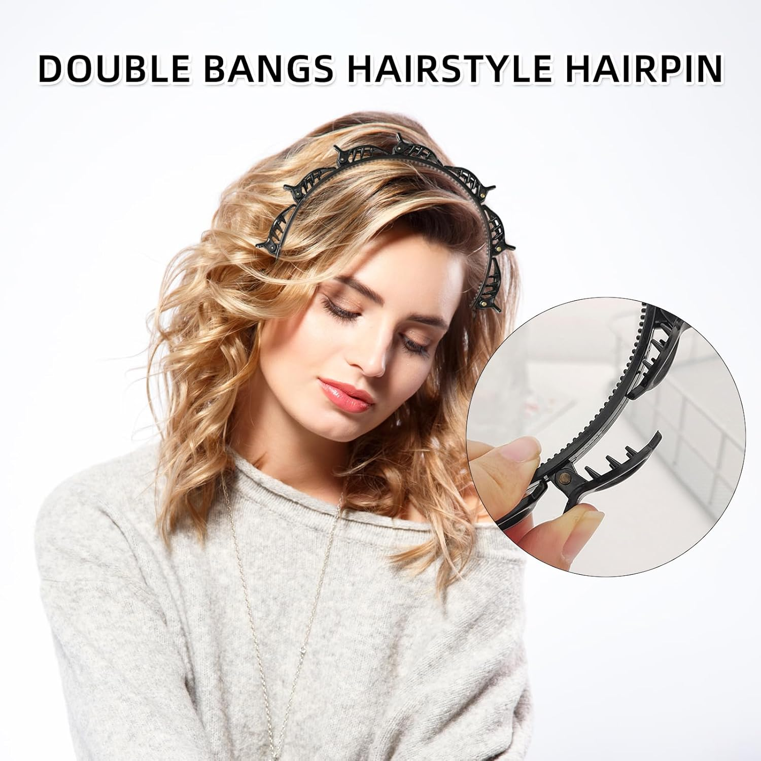 Pack of 2 Hair Bands with Clips, Double Bangs Hairstyle Hairpin, Hair Hoop with Clips, Women'S Headband for All Hair Types and Hairstyles (Black) image number 3