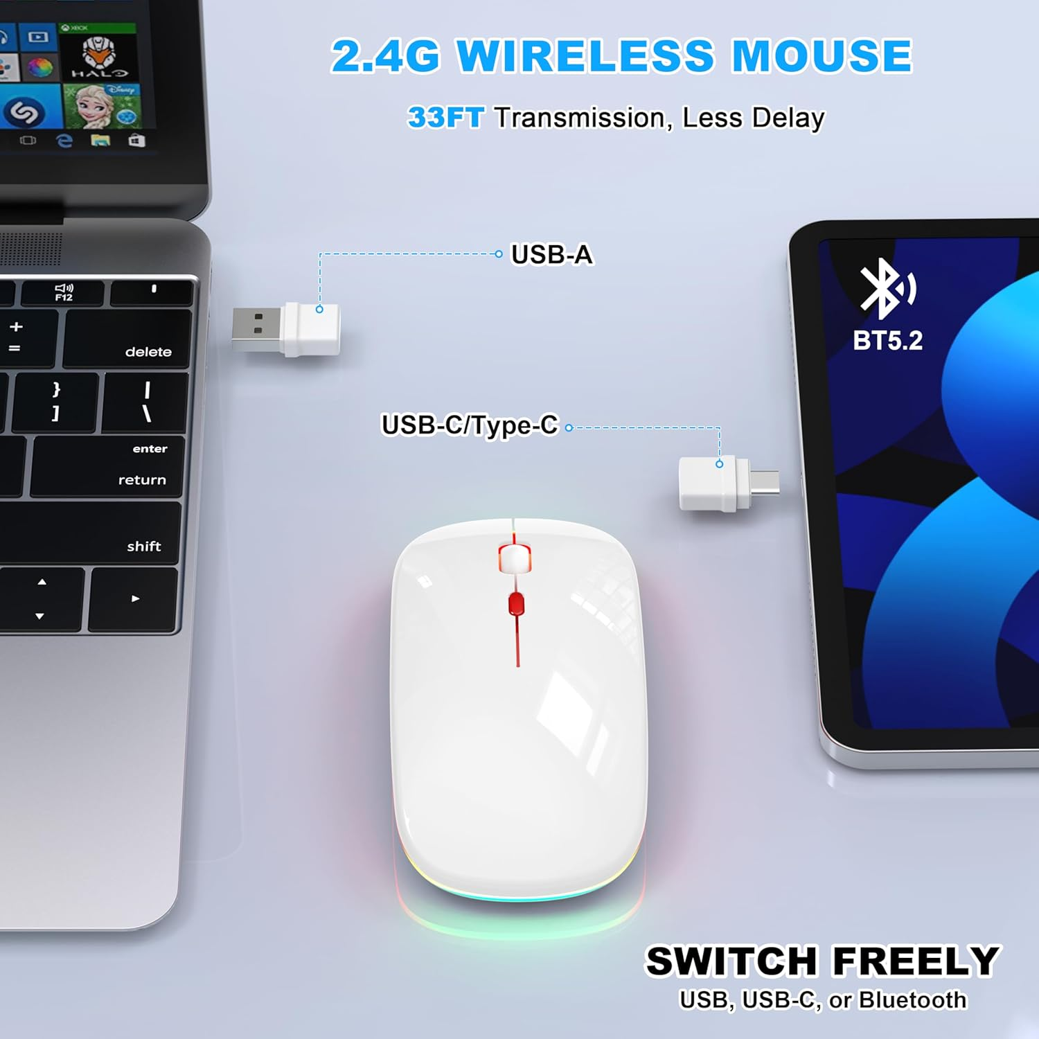LED Bluetooth Wireless Mouse for Macbook Air Mac Pro Laptop Ipad &ndash;Rechargeable Silent Light-Up Optical Mouse with Jiggler Dual Mode BT5.2 & USB-A/USB-C for Students, Kids, Girls, Boys (White) - Black image number 7