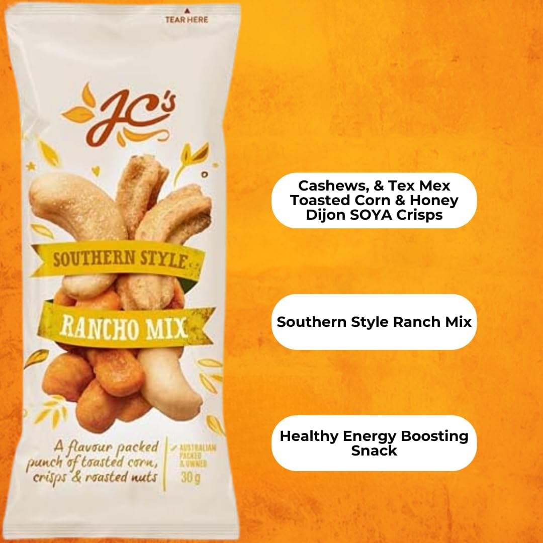J.C.'S QUALITY FOODS Rancho Mix Premium Southern Style Roasted Cashews, & Tex Mex Toasted Corn & Honey Dijon SOYA Crisps, Healthy Energy Boosting Snack - 21 X 30G Bags image number 2