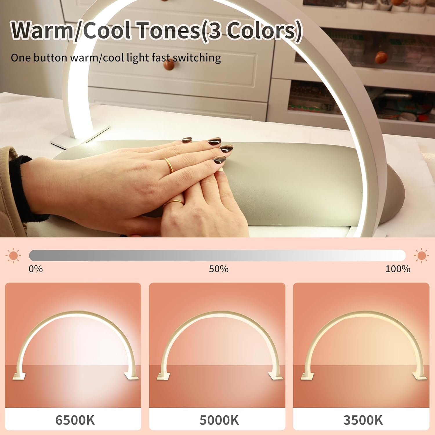 Nail Desk Lamp with Half Moon Light,Led 3D Fill Light, 3 Adjustable Light Colors, Suitable for Beauty, Eyelashes, Nail Art, Skincare, Embroidery, Etc (White) - Pink image number 2