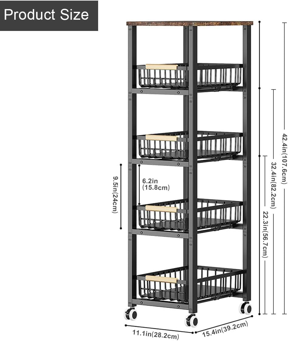 Kitchen Cart with Storage and Wheels, 5-Tier Metal Rolling Utility for Fruit and Vegetable Pantry, Potato Onion Basket for Kitchen, Bathroom (Retro) image number 4