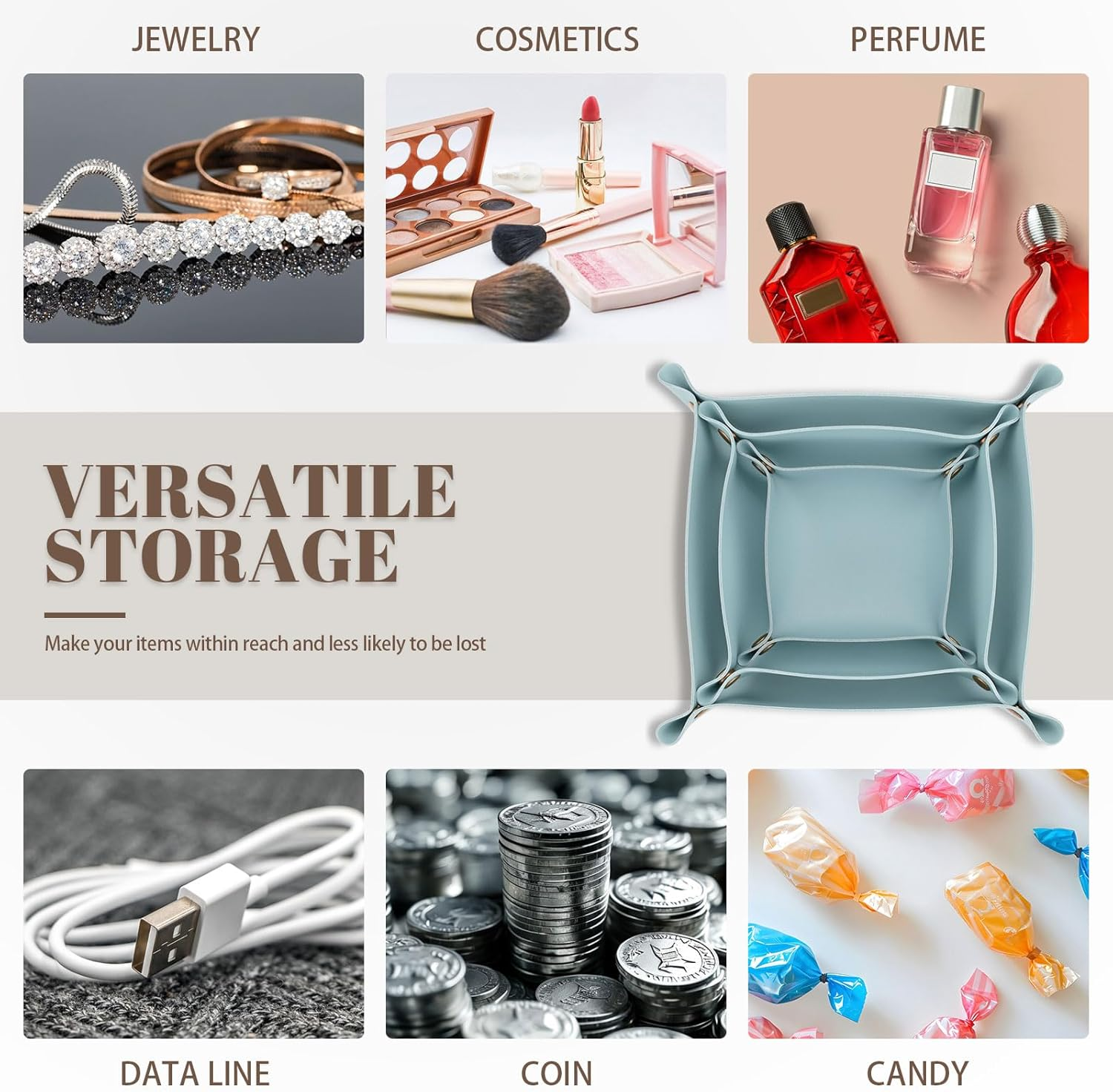 Sekonow 3 Pack Leather Valet Tray, 3 Sizes Catchall Tray Desk Organizer for Key Jewelry Trinket Watch Perfume Coin, for Entryway Table Nightstand Dresser Vanity Travel, Blue - Blue image number 6