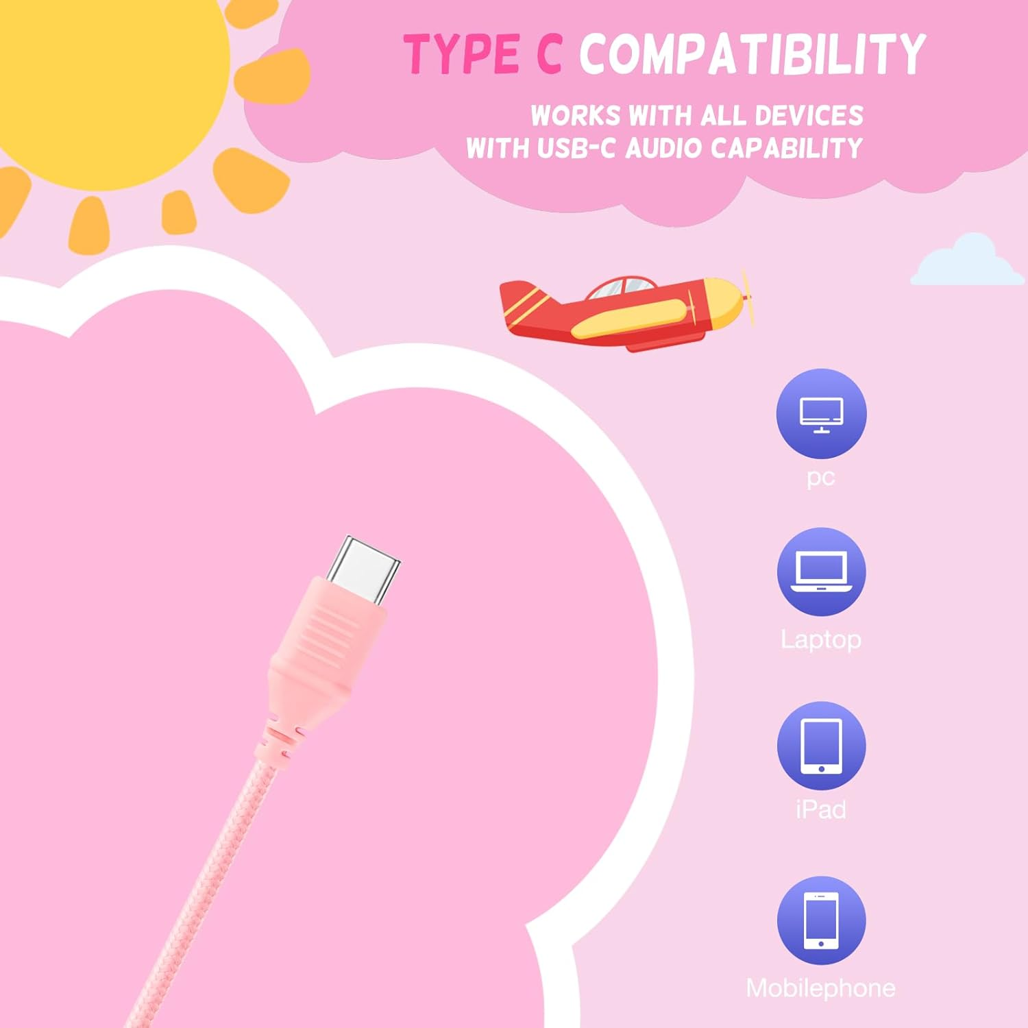 Cowyawn USB Type C Kids Headphones for School, Wired Toddler Headphones, 94Db Volume Limited, HD Stereo Sound, Foldable Lightweight On-Ear Wired Headphones for Kids/Children/Teens/Boys/Girls image number 6