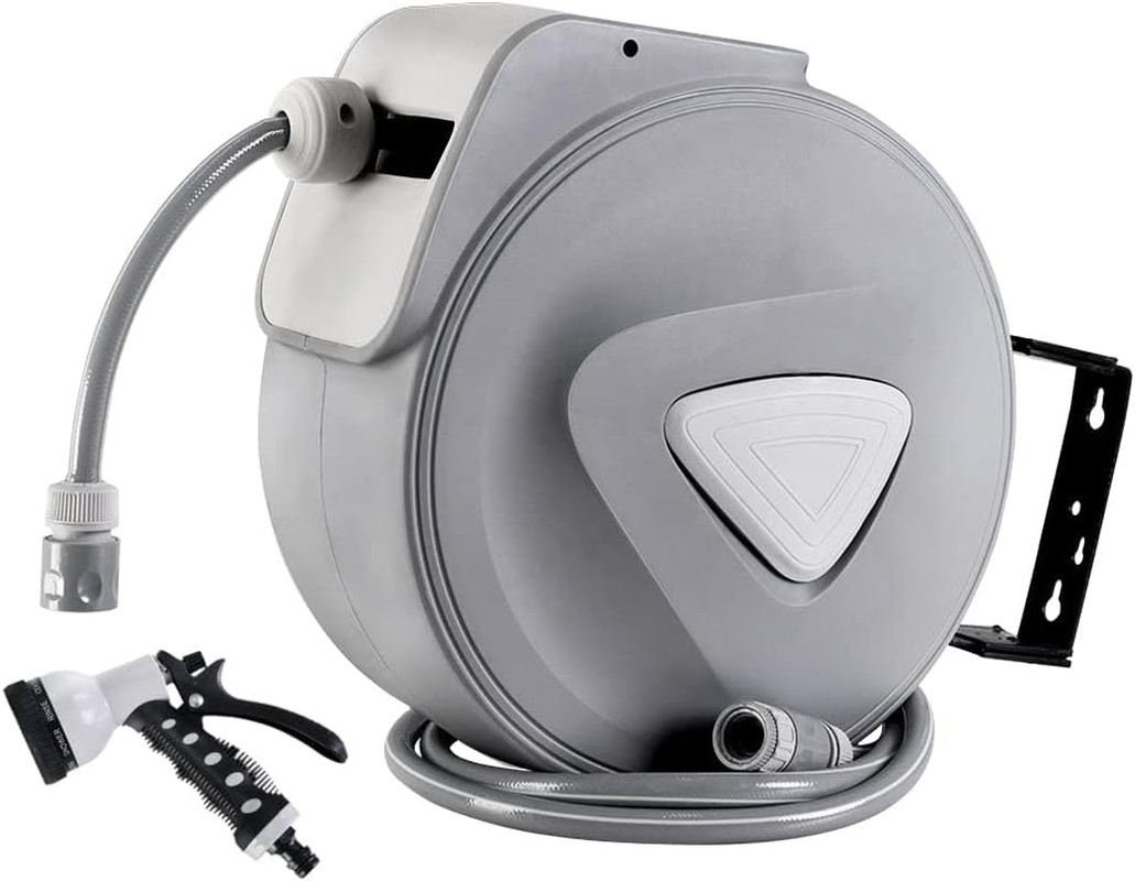 Retractable Hose Reel, 20M Garden Pressure Water Washer Spray Gun Auto Reels Hoselink Wall Watering Hoses Indoor Outdoor Retracting Storage, 180&deg; Swivel Mount Built-In Handle Rubber Stopper Grey
