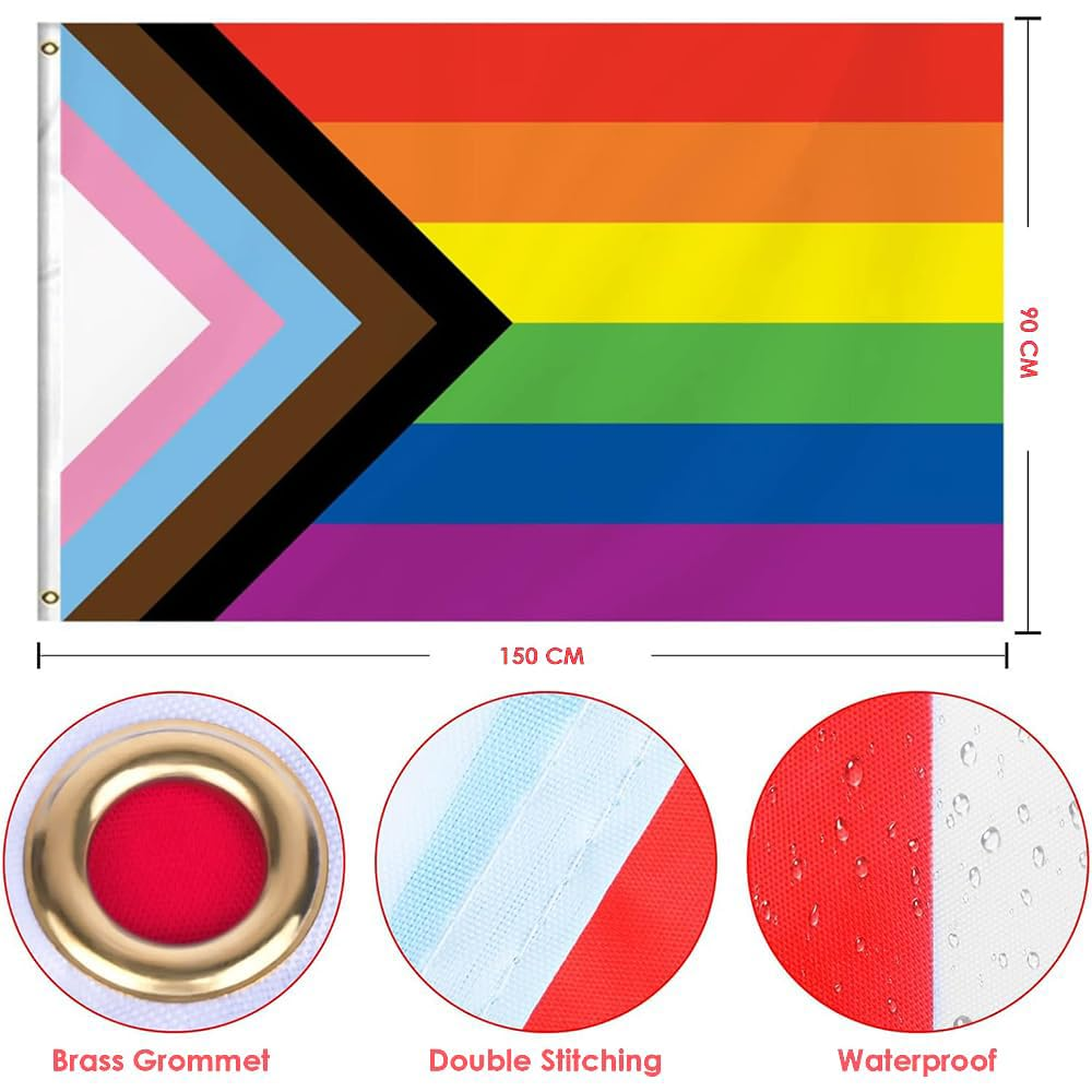 Progress Pride Rainbow Flag,Polyester Thickness,90*150Cm Gay Pride Flag for Gay Pride Parade Support LGBTQ Lesbian Gay Bisexual Transgender Queerfade Resistant, Brass Grommets, Canvas Header, Indoor/Outdoor, Vibrant Colors,Not Fear of Rain and Snow ﻿ image number 3