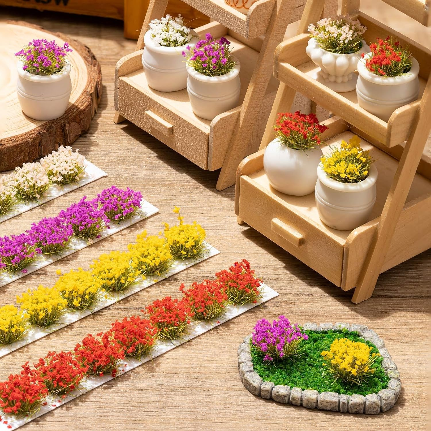 Miniature Colorful Cluster Flower, 70-Pack of Static Grass Tufts for DIY Craft Projects, Model Train Scenery, Railroad Environments, Wargaming, Military Model Bases, and Miniature Dioramas