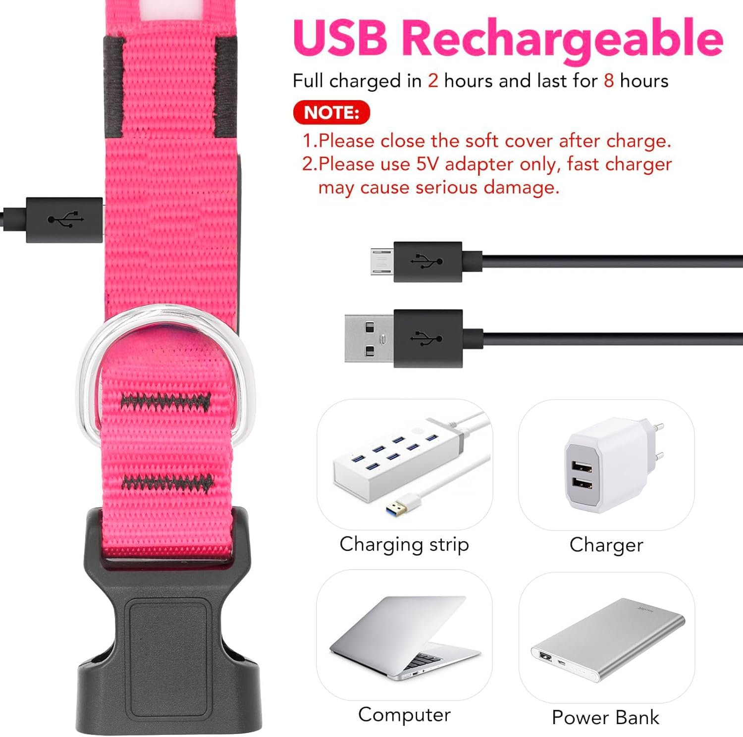 LED Dog Collar,Light up Dog Collars Rechargeable Lighted Dog Collar Glowing Dog Night Walking Collar 3 Colors for Choice(With Airtag Holder) image number 5