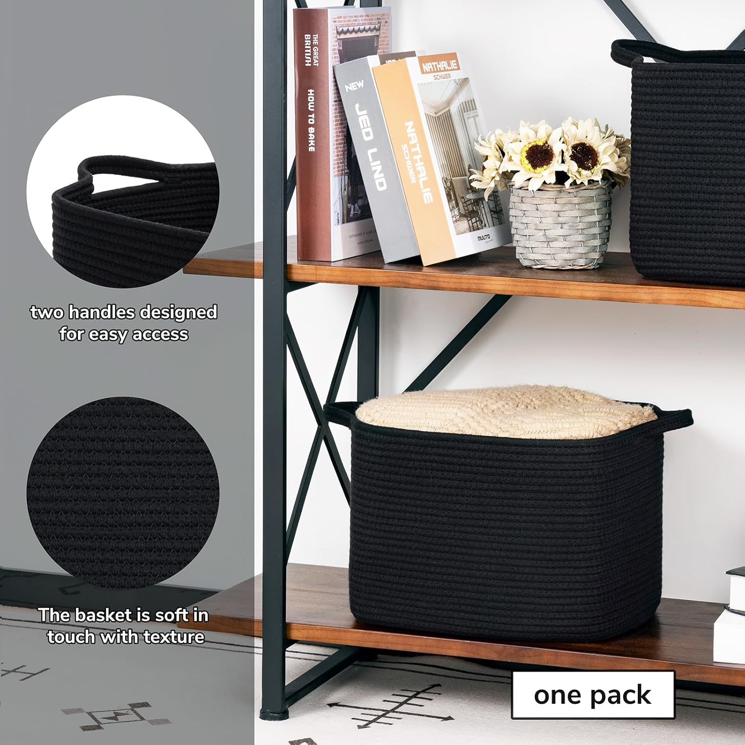 INDRESSME Woven Storage Basket, Black Baskets for Gifts, Nursery Toy Basket, Rope Baskets for Organizing, Shelf Storage, Multi-Purpose Organizer for Shoes, Clothes, Towels, Laundry 13 X 10 X 9 Inches - Grey image number 3