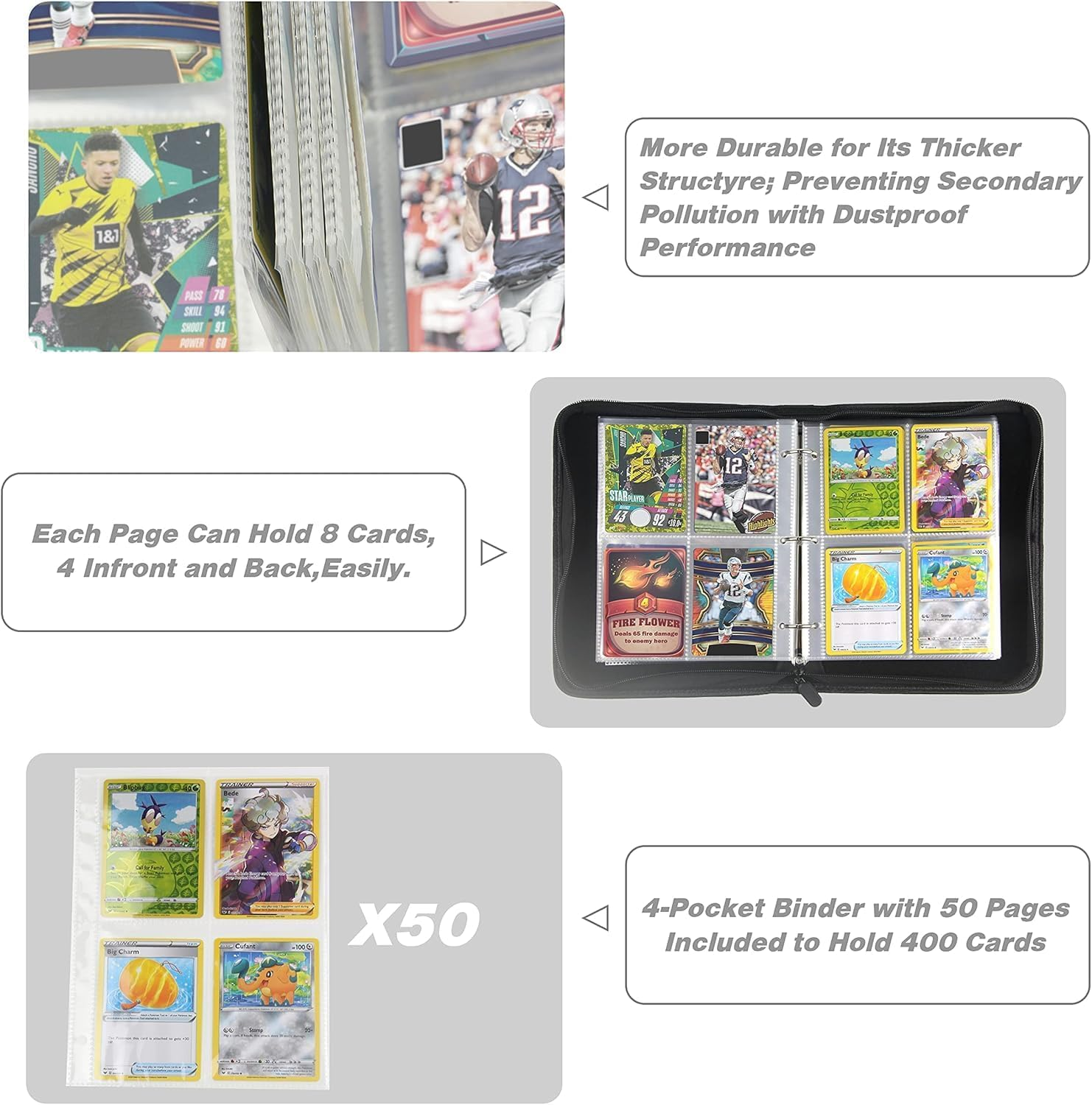 Card Binder for Trading Cards, 4-Pocket Pages Sleeves 400 Pockets Card Binders Holder Folder Album Book Protectors, Fit for PKMN Trading Cards and TCG Yugioh MTG Baseball Cards image number 1